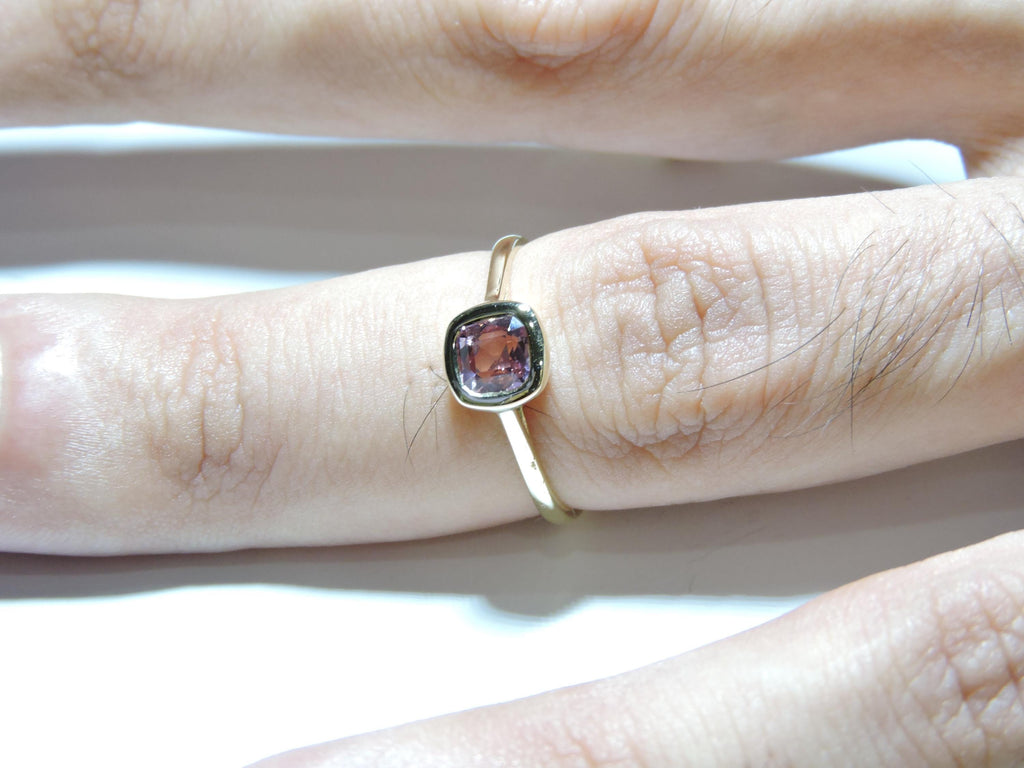 Pink Spinel Ring, 14k Gold Bezel, Cushion Engagement Ring