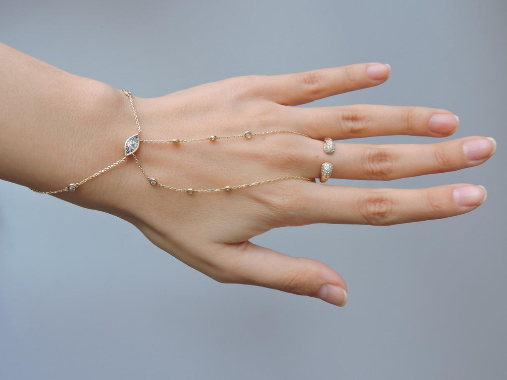 14k Gold Evil Eye Shahmeran Bracelet, Diamond Chain Bracelet, Hand Chain