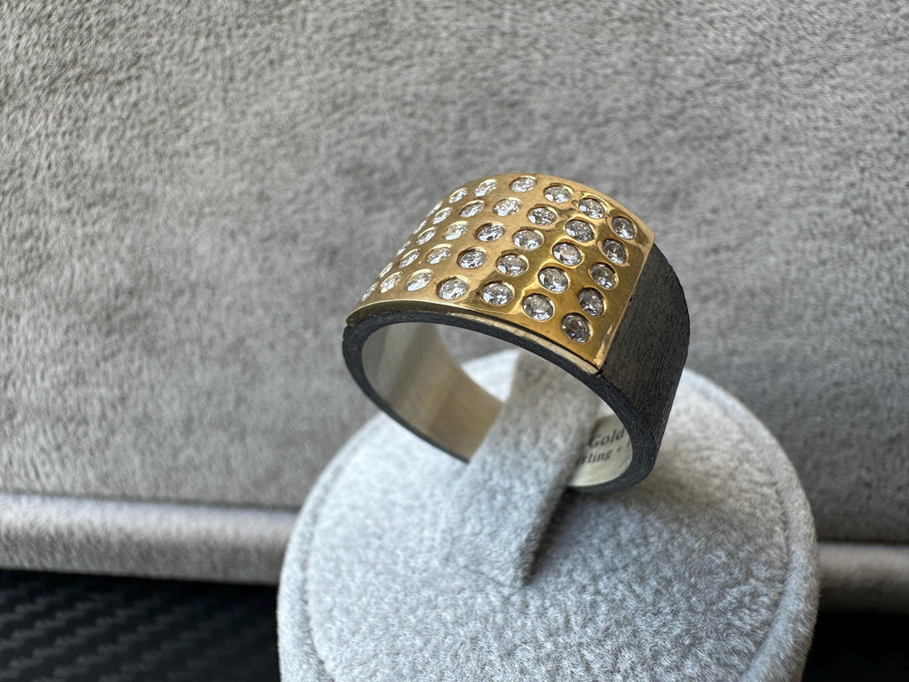 18k Gold & Sterling Silver Unisex Diamond Ring, 0.63 ct, Oxidiced Silver and 18k Gold Ring, Oxidiced Silver Ring