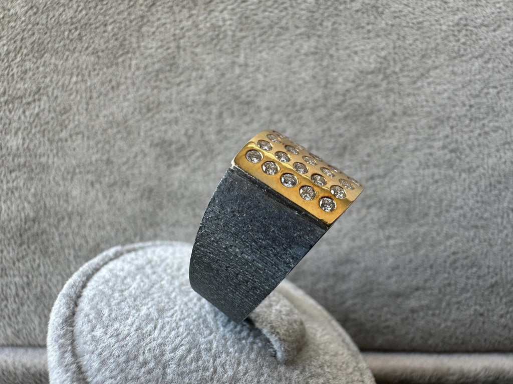 18k Gold & Sterling Silver Unisex Diamond Ring, 0.63 ct, Oxidiced Silver and 18k Gold Ring, Oxidiced Silver Ring