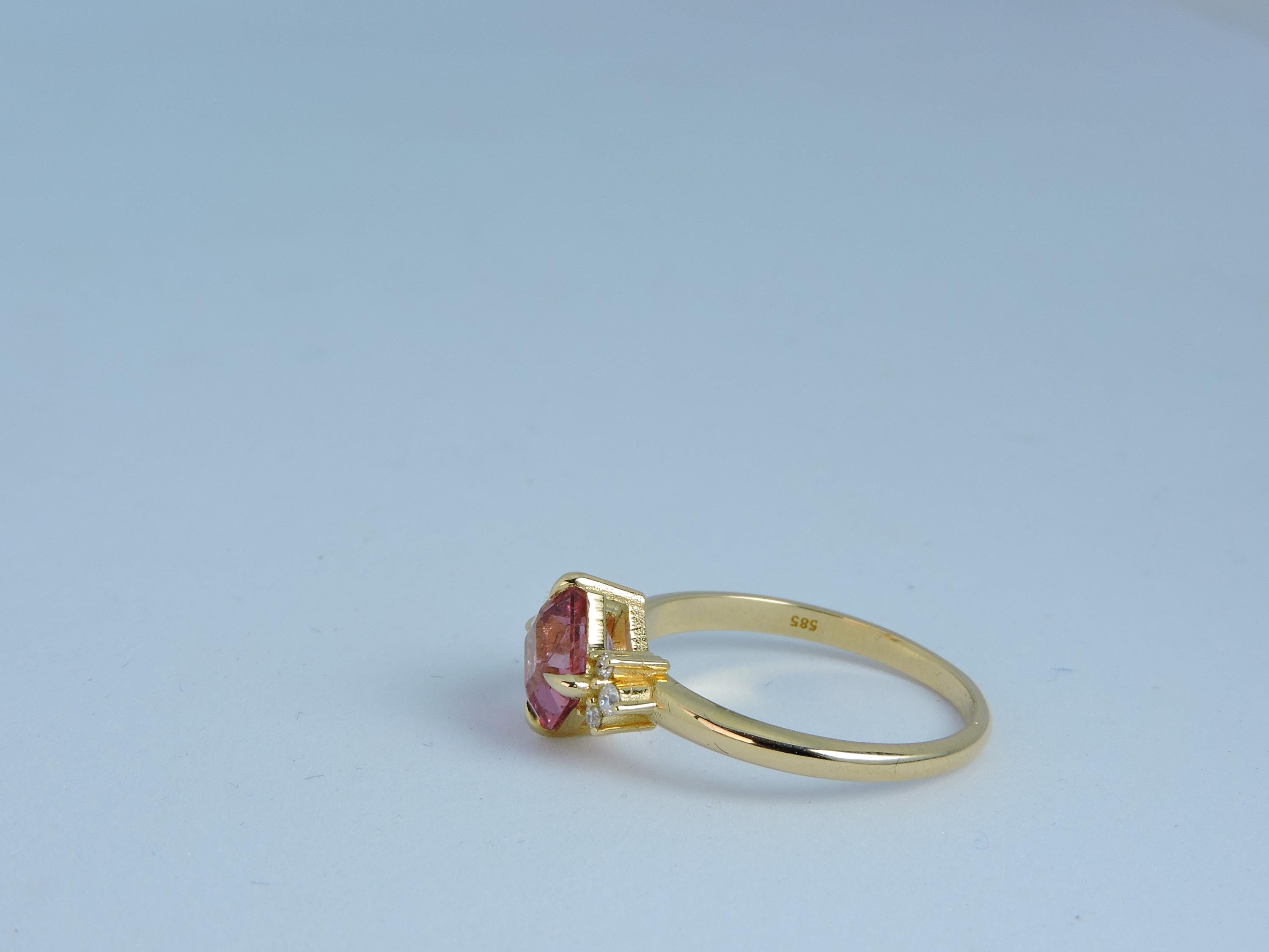 Pink Rubelite Diamond 14k Gold Engagement Ring, Radiant Cut Ring, Pink Engagement Ring with Diamond