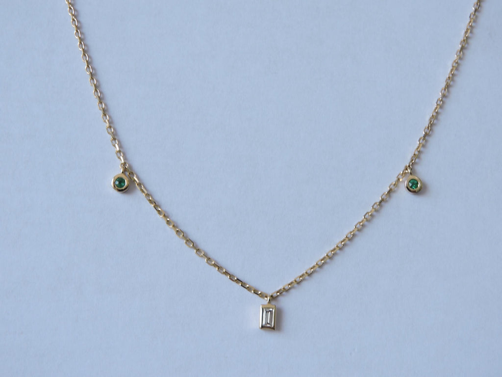 14K Gold Emerald & Baguette Diamond Necklace, 0.10 Ct Emerald, 0.10 Ct Diamond, 44 cm Chain, Minimal Fine Jewelry Gift