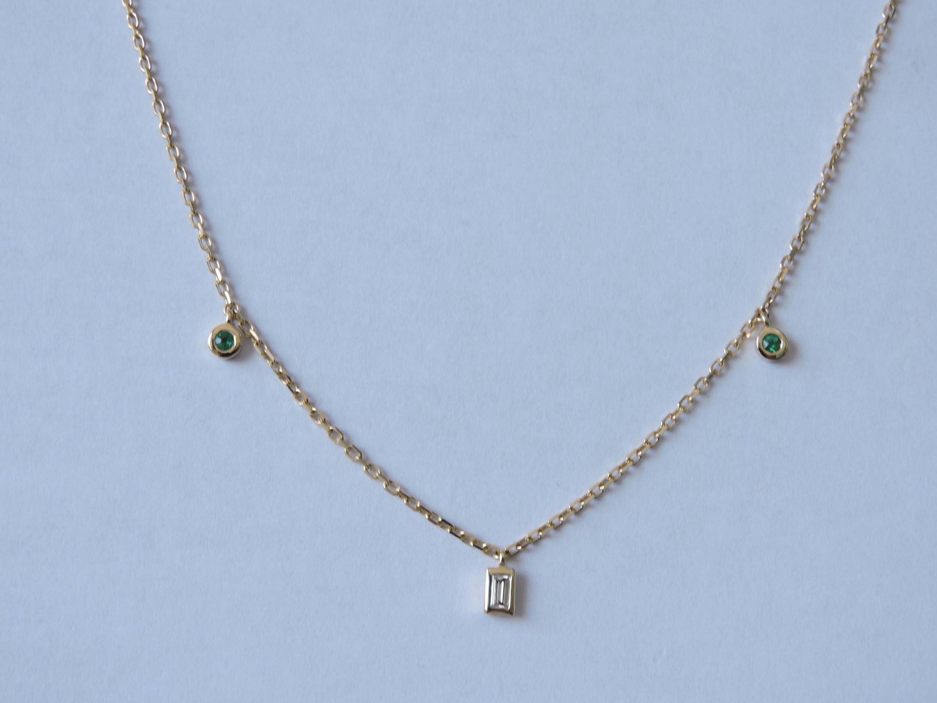 14K Gold Emerald & Baguette Diamond Necklace, 0.10 Ct Emerald, 0.10 Ct Diamond, 44 cm Chain, Minimal Fine Jewelry Gift