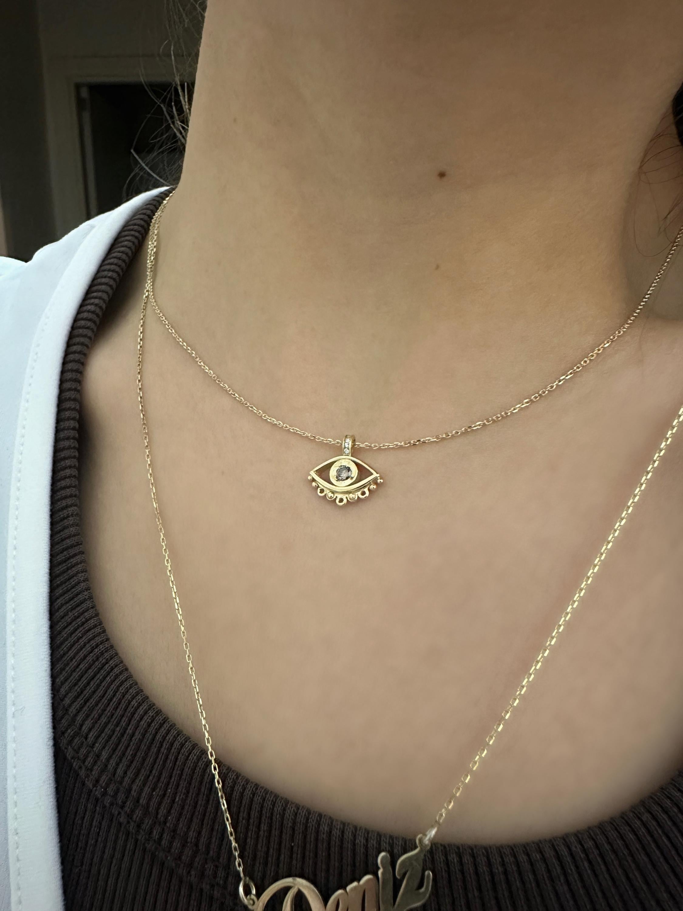14K Gold Evil Eye Necklace: Brown Diamond Pendant, Handmade