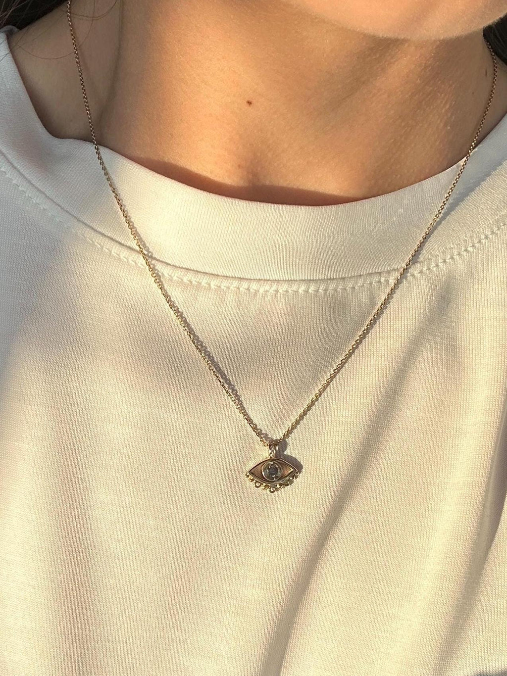 14K Gold Evil Eye Necklace: Brown Diamond Pendant, Handmade