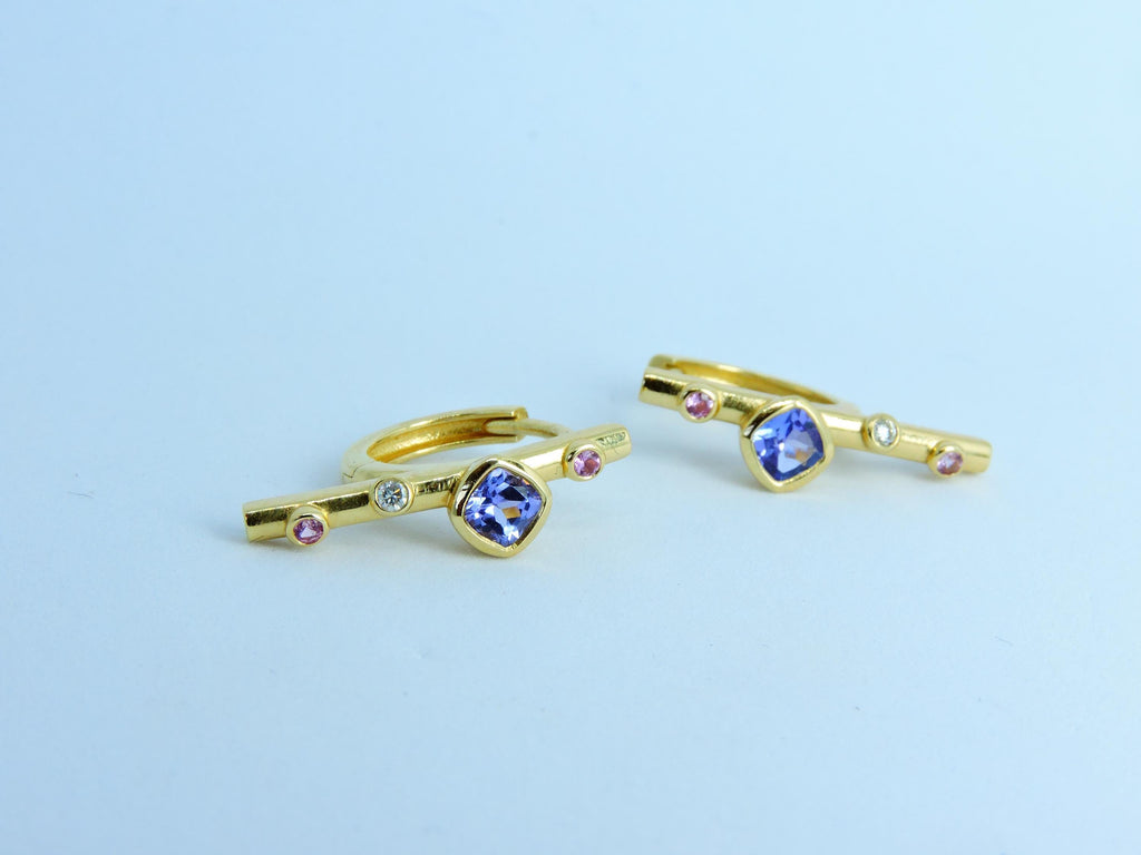 14K Solid Gold Hoop Earrings, Tanzanite Earrings, Tanzanite, Diamond and Sapphire Gold Hoop Earrings, Straith bar Hoop Earring