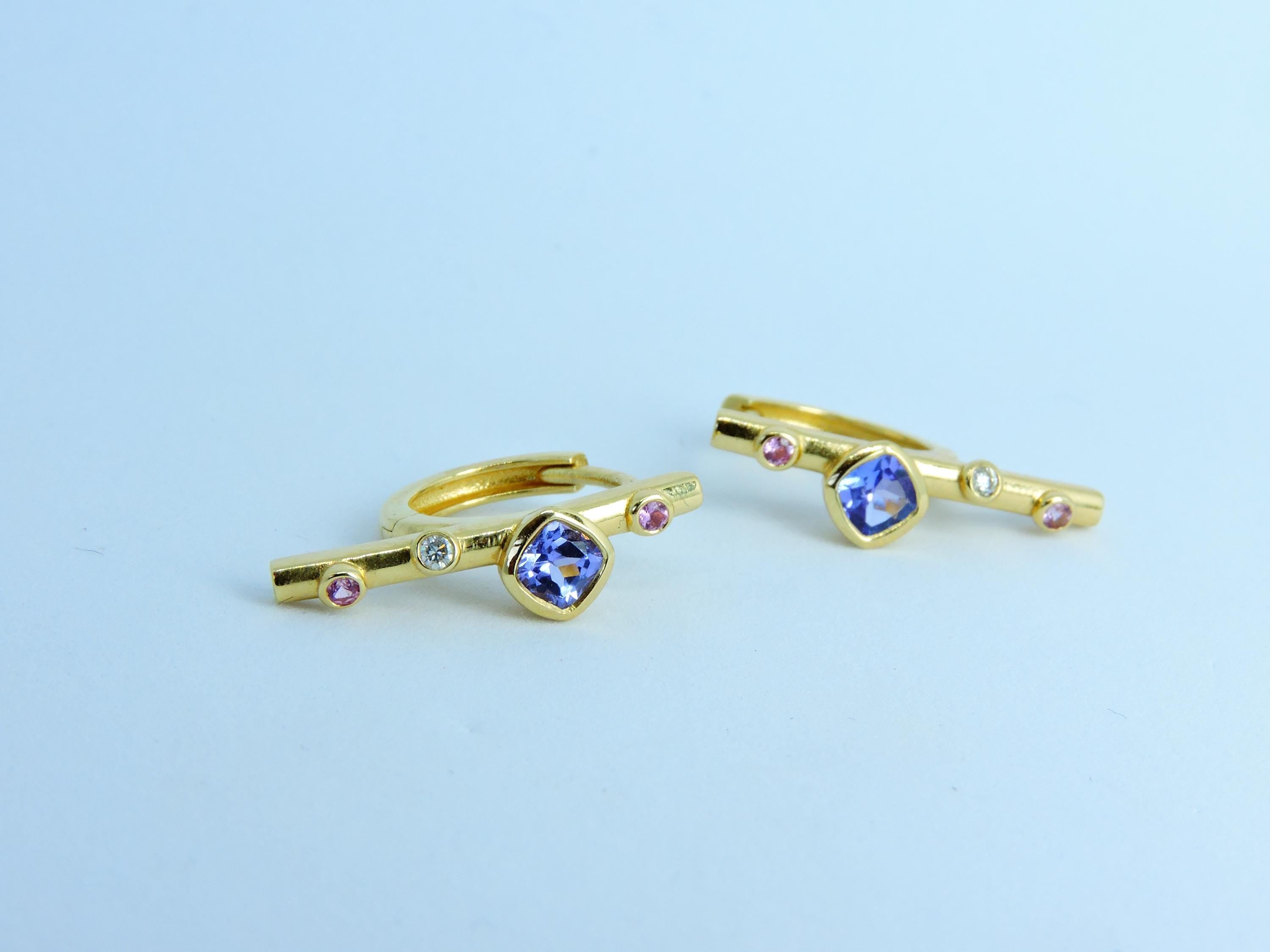 14K Solid Gold Hoop Earrings, Tanzanite Earrings, Tanzanite, Diamond and Sapphire Gold Hoop Earrings, Straith bar Hoop Earring