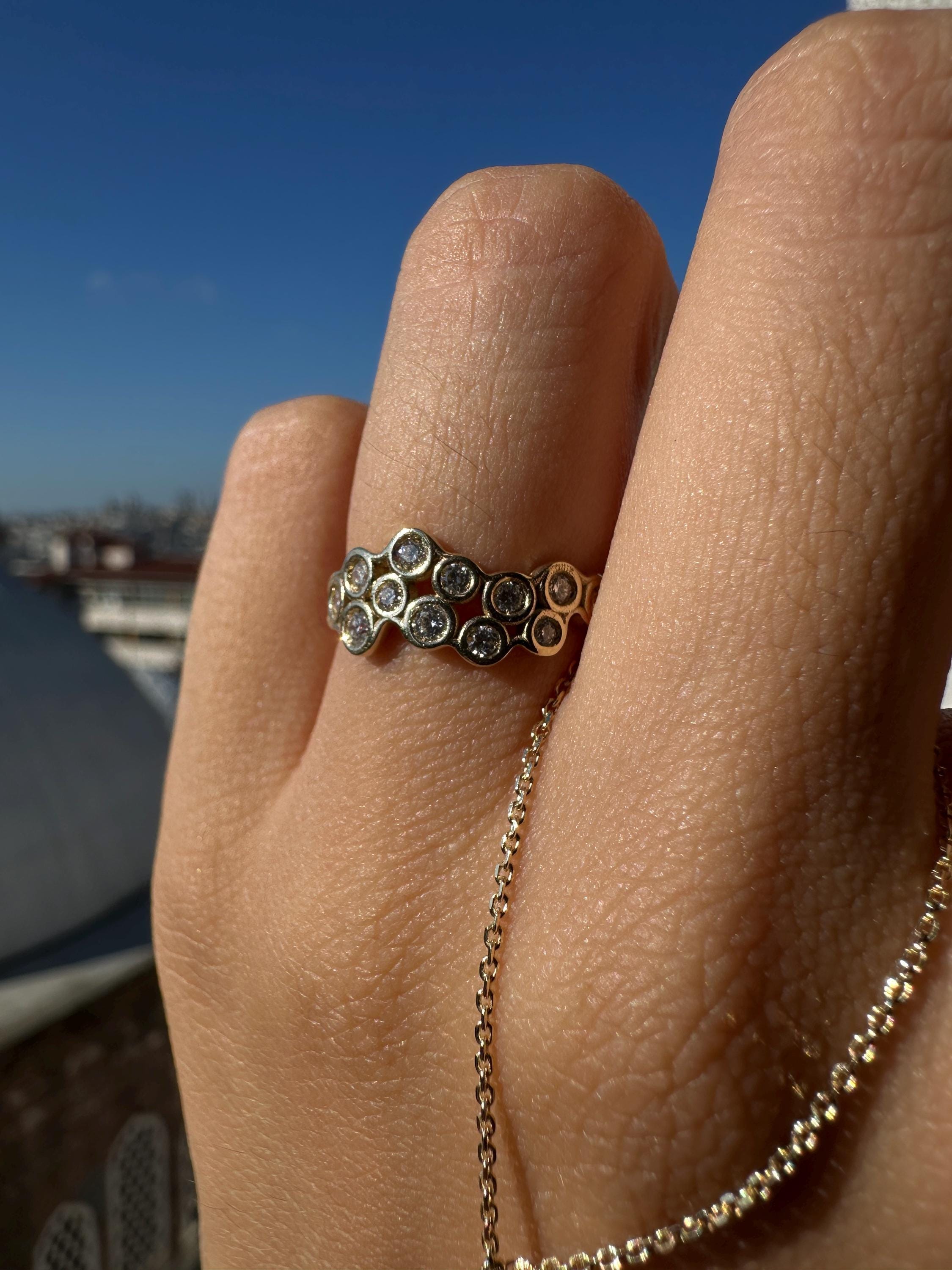 14k Gold Diamond Bezel Cluster Ring: Handmade Bridal Band