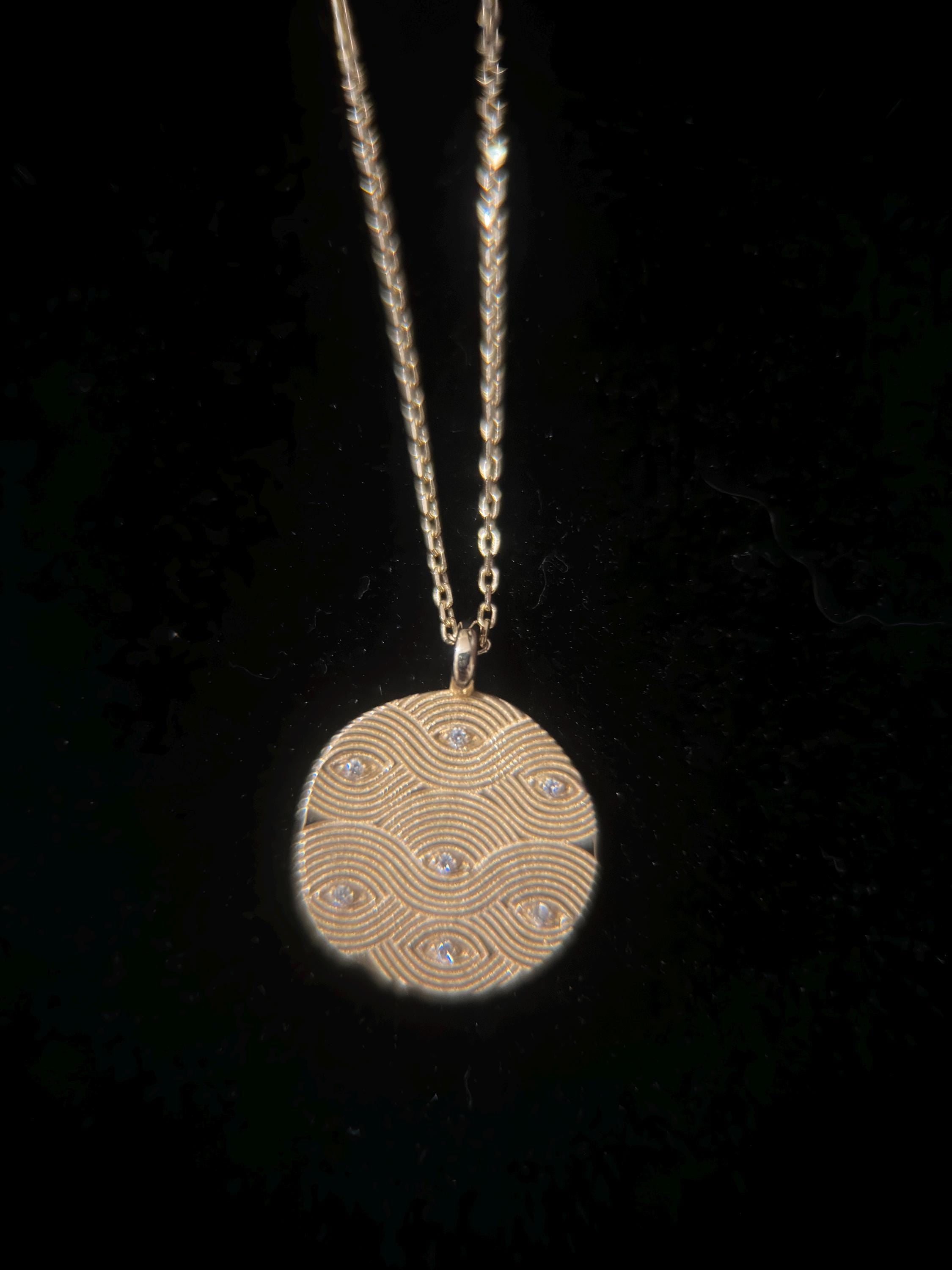 Handmade 14k Gold Medallion Necklace with Diamond Circle, Round Necklace, Coin Necklace