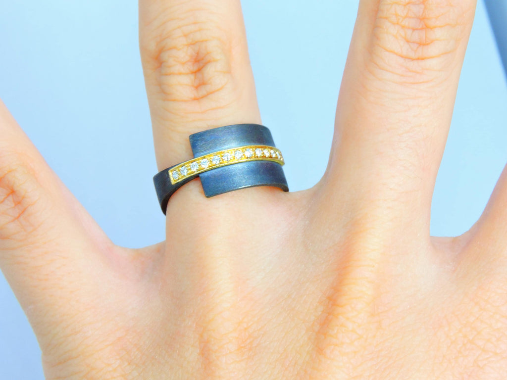 Oxidized Silver Ring with 18k Gold Band & 0.13ct Diamond | Modern Handmade Designer Ring,  Statement ring , Unisex Ring
