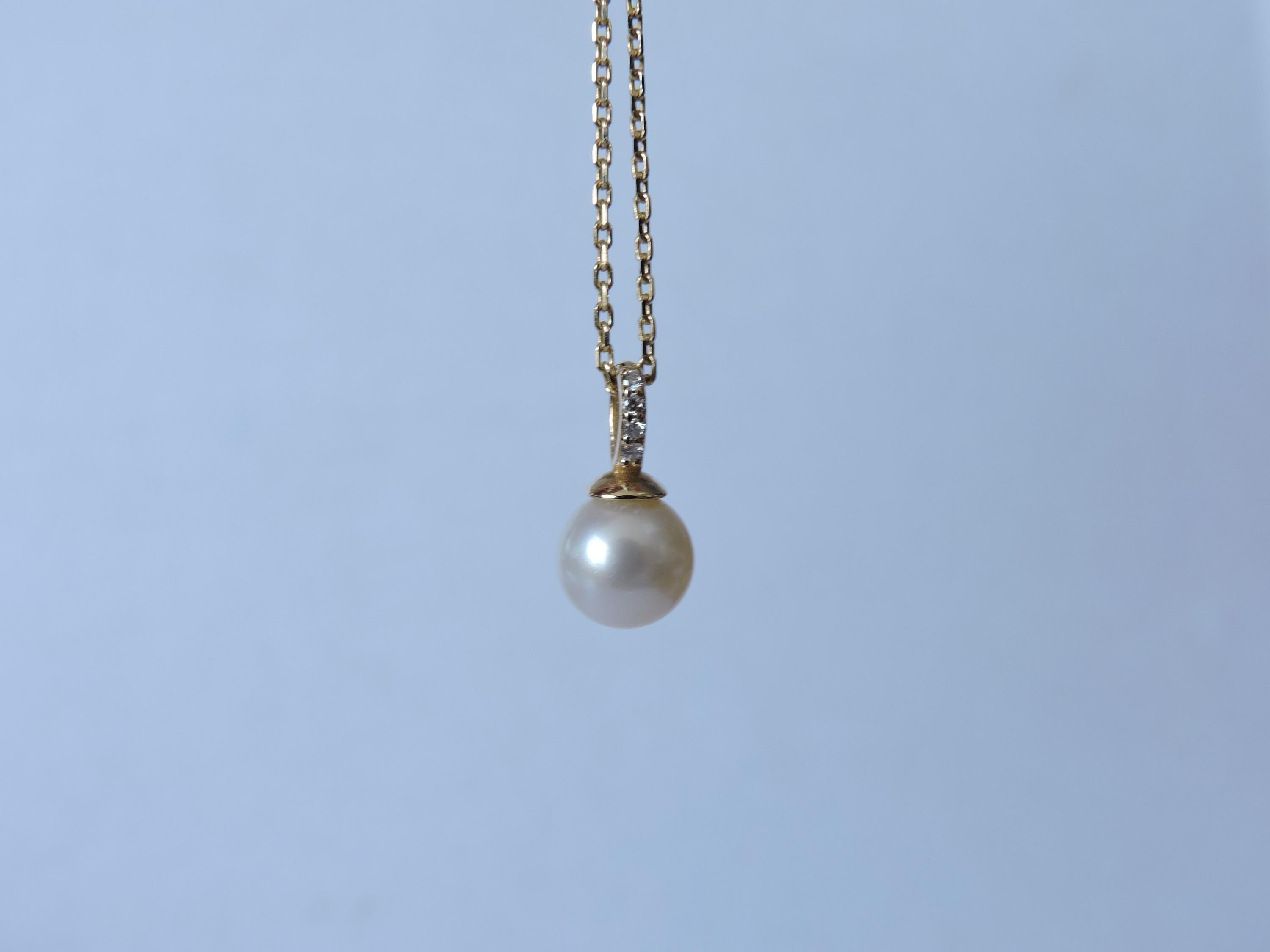 7mm Pearl Drop Diamond Necklace in Solid Gold – Minimal Pearl Pendant Necklace – Handmade Fine Jewelry
