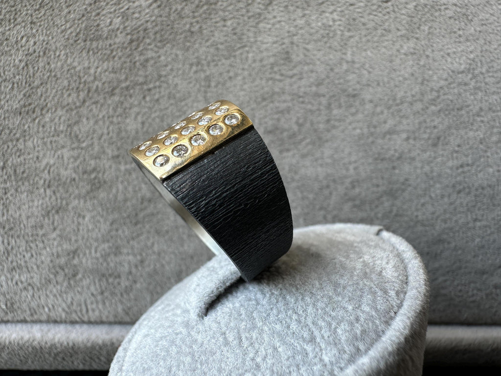 18k Gold & Sterling Silver Unisex Diamond Ring, 0.63 ct, Oxidiced Silver and 18k Gold Ring, Oxidiced Silver Ring