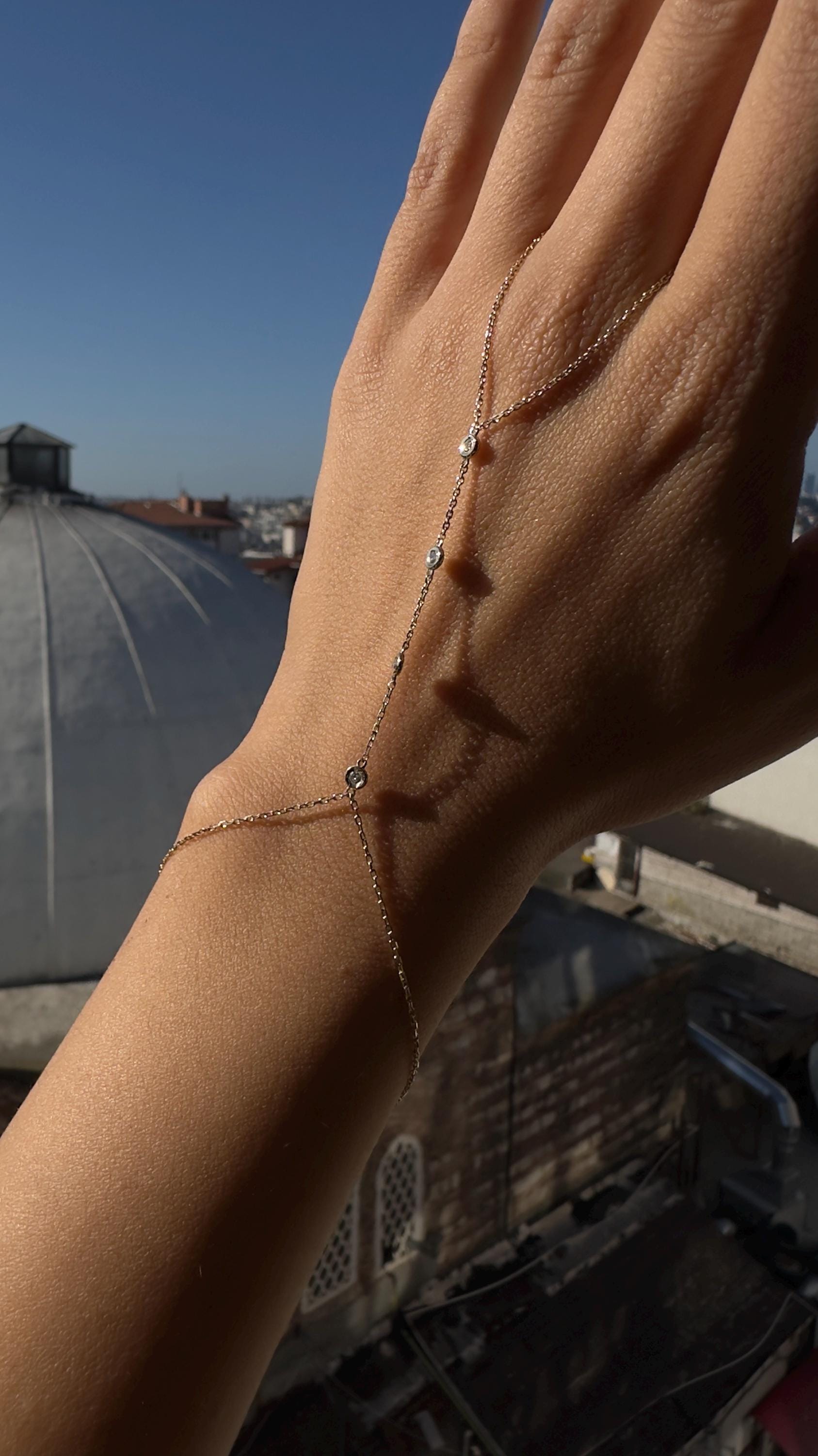 Gold Shahmaran Bracelet, 14k Diamond Hand Chain, Gold Hnd Chain