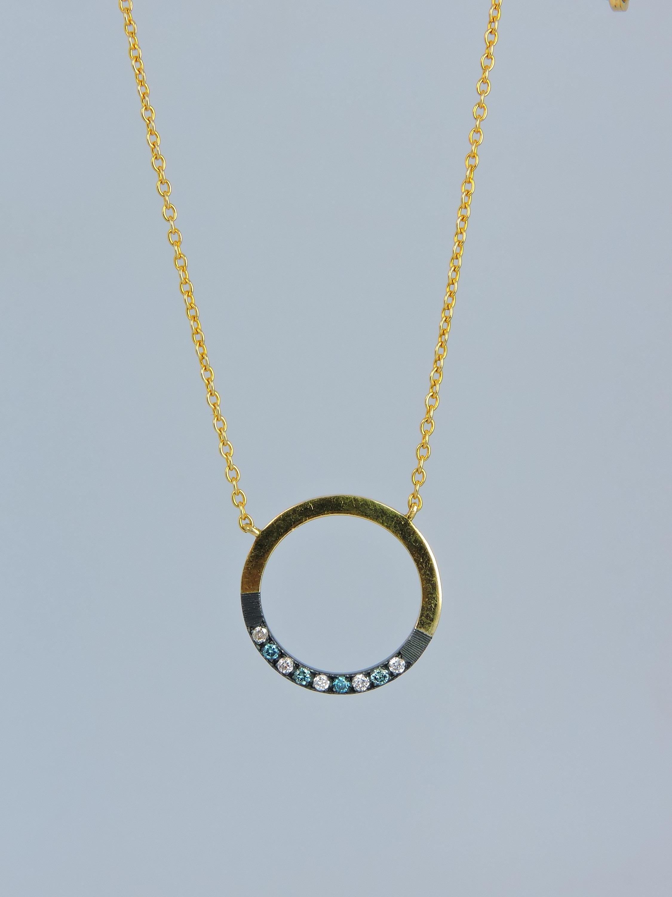 18K Gold & Oxidized Silver Circle Diamond Necklace – 0.09 Ct Colored and White Diamonds – 42 cm Chain – Handmade Fine Jewelry