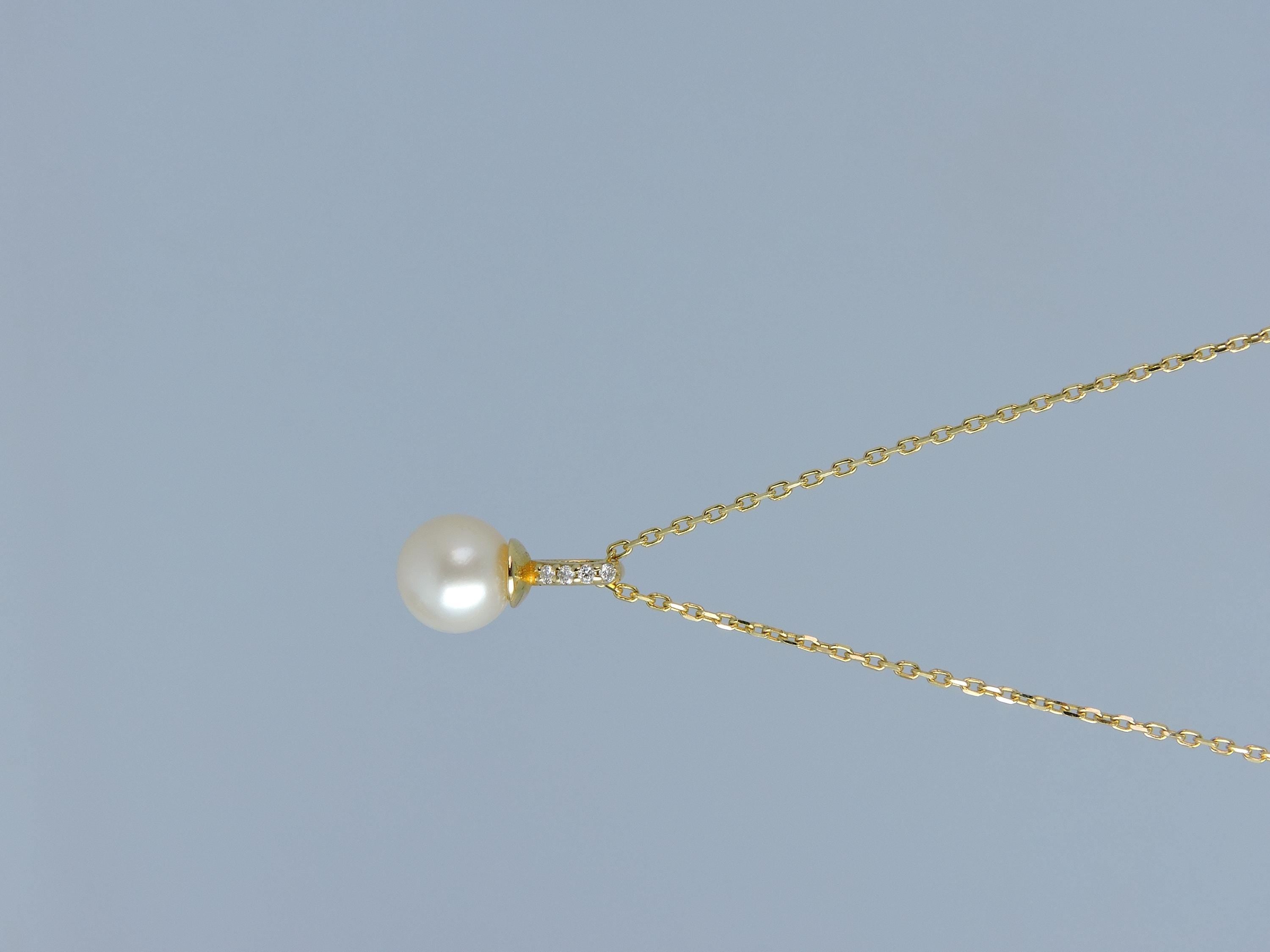 7mm Pearl Drop Diamond Necklace in Solid Gold – Minimal Pearl Pendant Necklace – Handmade Fine Jewelry