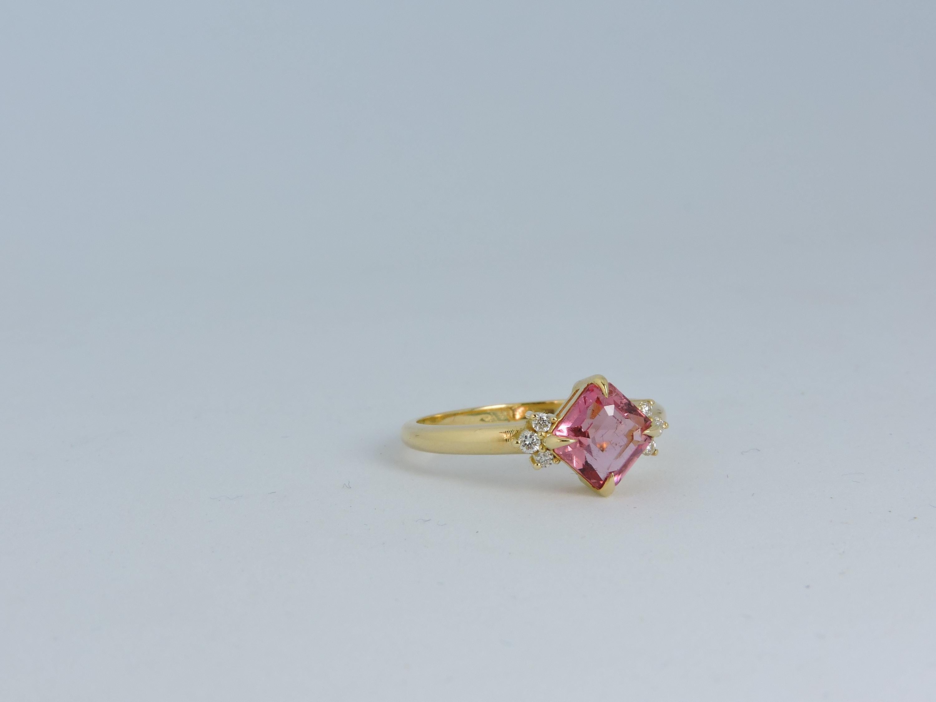 Pink Rubelite Diamond 14k Gold Engagement Ring, Radiant Cut Ring, Pink Engagement Ring with Diamond