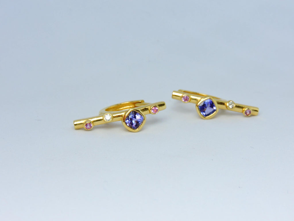 14K Solid Gold Hoop Earrings, Tanzanite Earrings, Tanzanite, Diamond and Sapphire Gold Hoop Earrings, Straith bar Hoop Earring