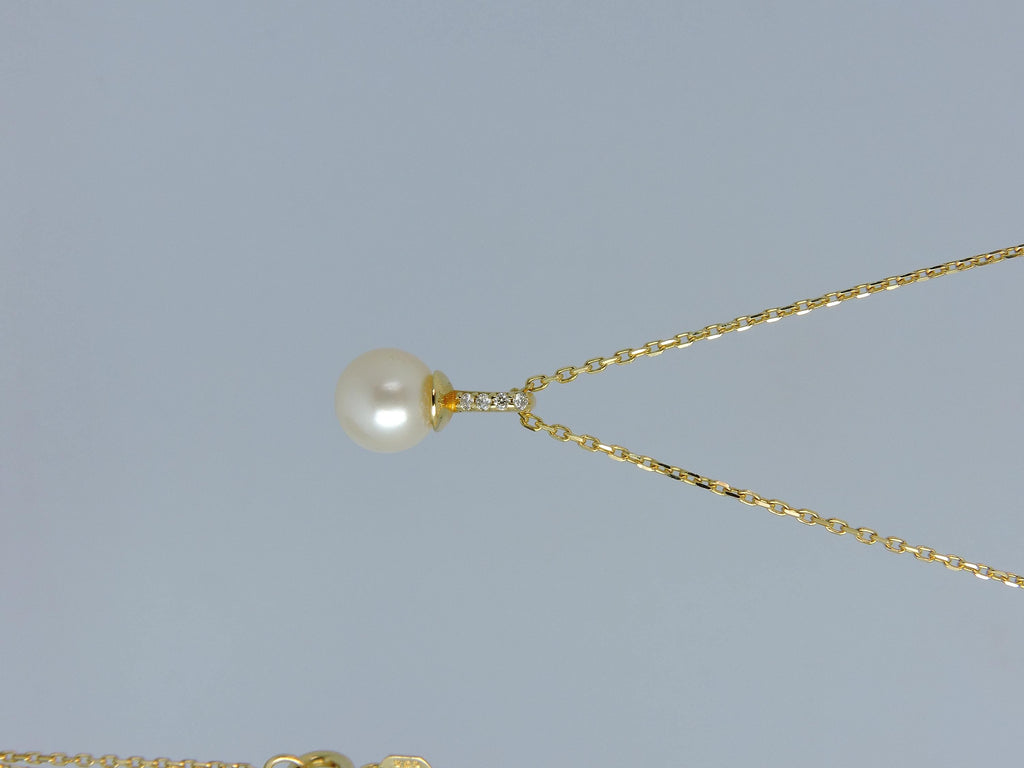 7mm Pearl Drop Diamond Necklace in Solid Gold – Minimal Pearl Pendant Necklace – Handmade Fine Jewelry