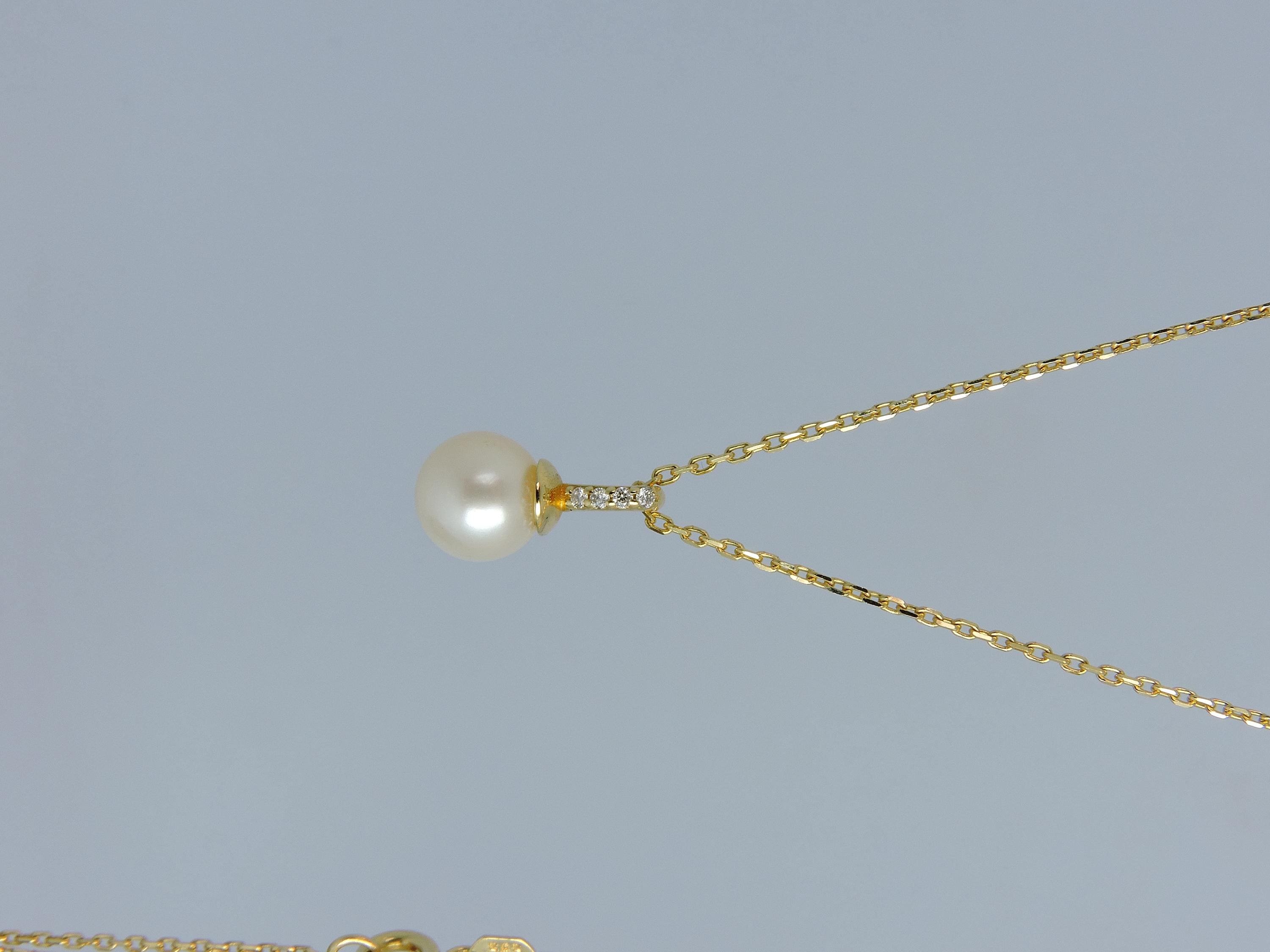 7mm Pearl Drop Diamond Necklace in Solid Gold – Minimal Pearl Pendant Necklace – Handmade Fine Jewelry