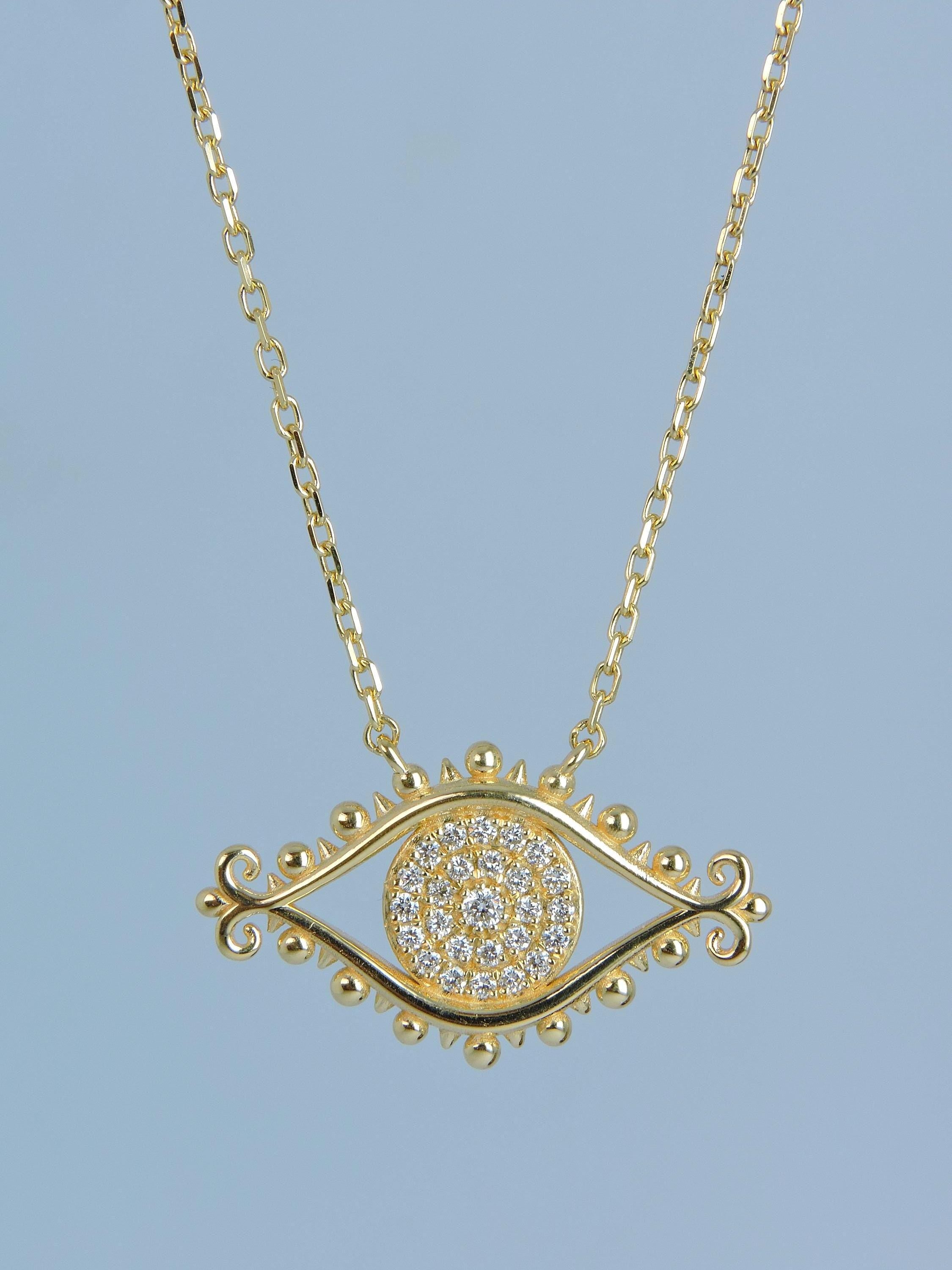 Handmade 14K Gold Evil Eye Necklace: Diamond Pave Pendant