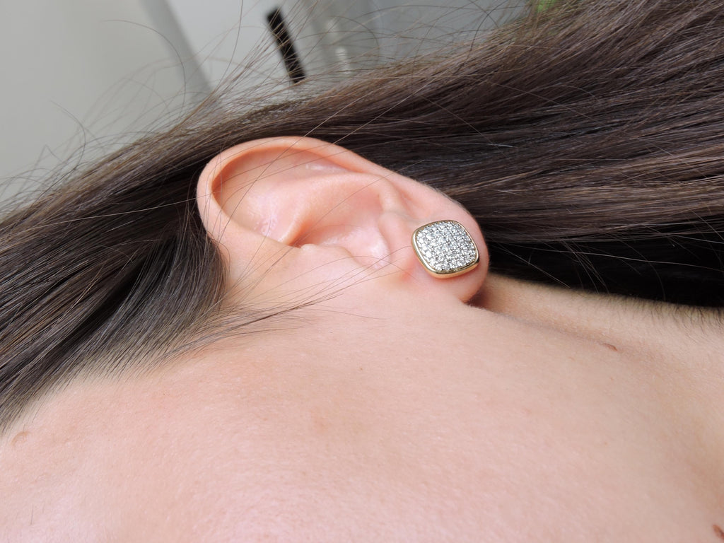 Cushion Cut Pave Diamond Stud Earrings in Solid Gold – Minimal Luxury Diamond Earrings – Handmade Fine Jewelry