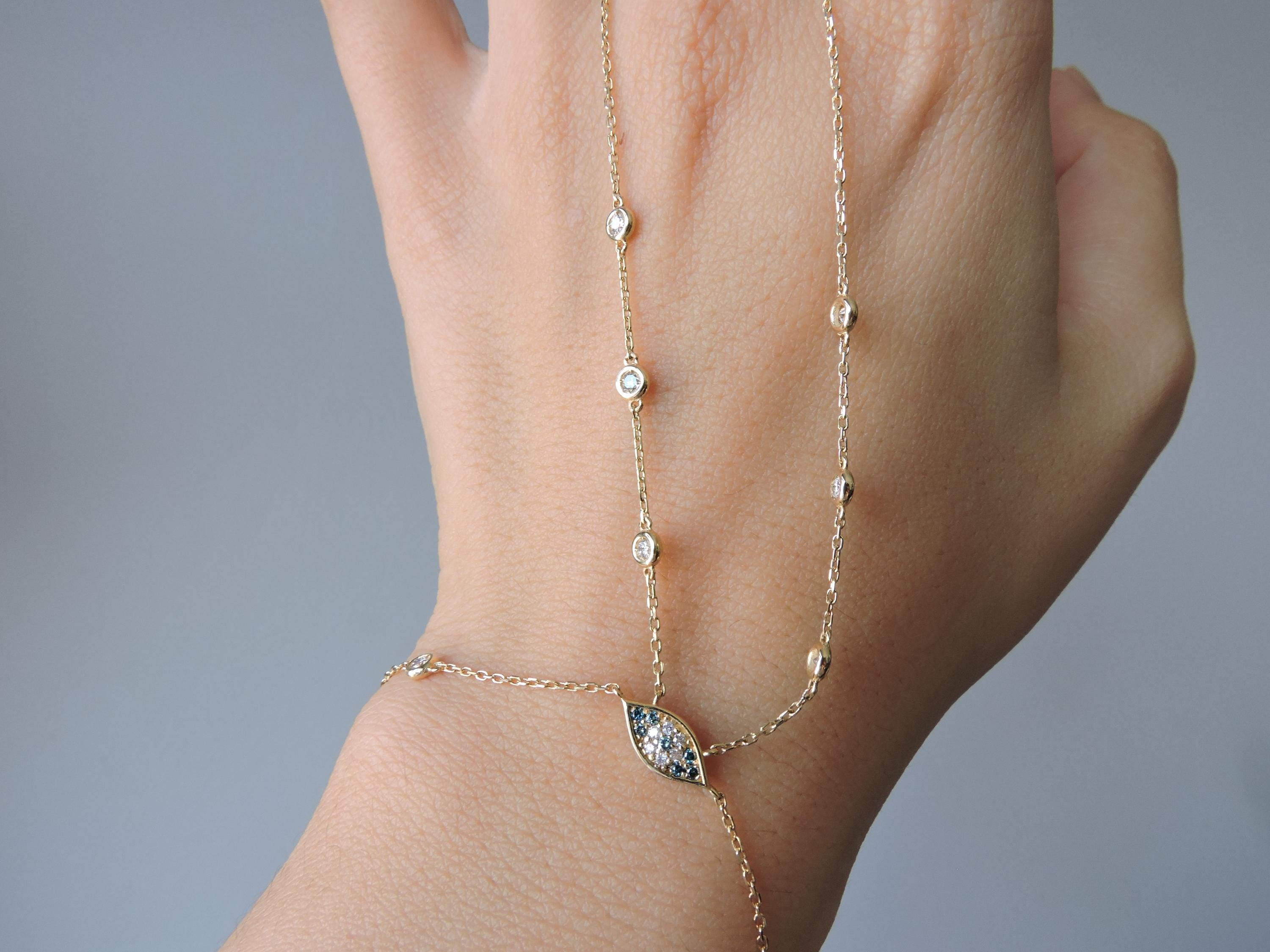 14k Gold Evil Eye Shahmeran Bracelet, Diamond Chain Bracelet, Hand Chain