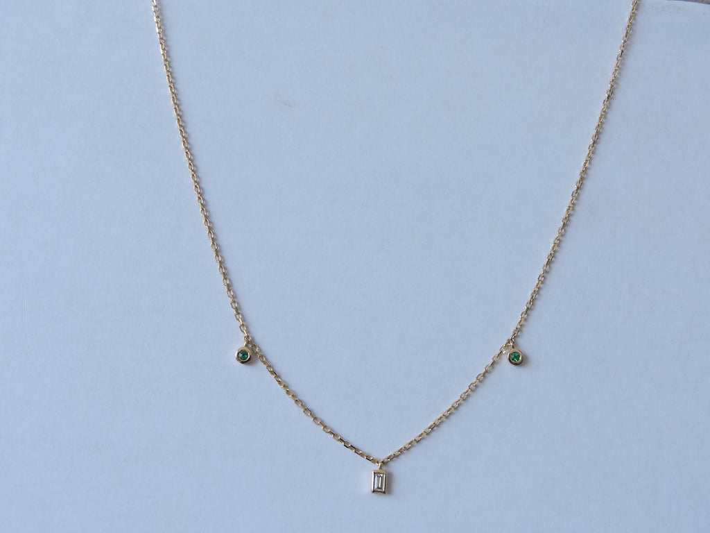 14K Gold Emerald & Baguette Diamond Necklace, 0.10 Ct Emerald, 0.10 Ct Diamond, 44 cm Chain, Minimal Fine Jewelry Gift