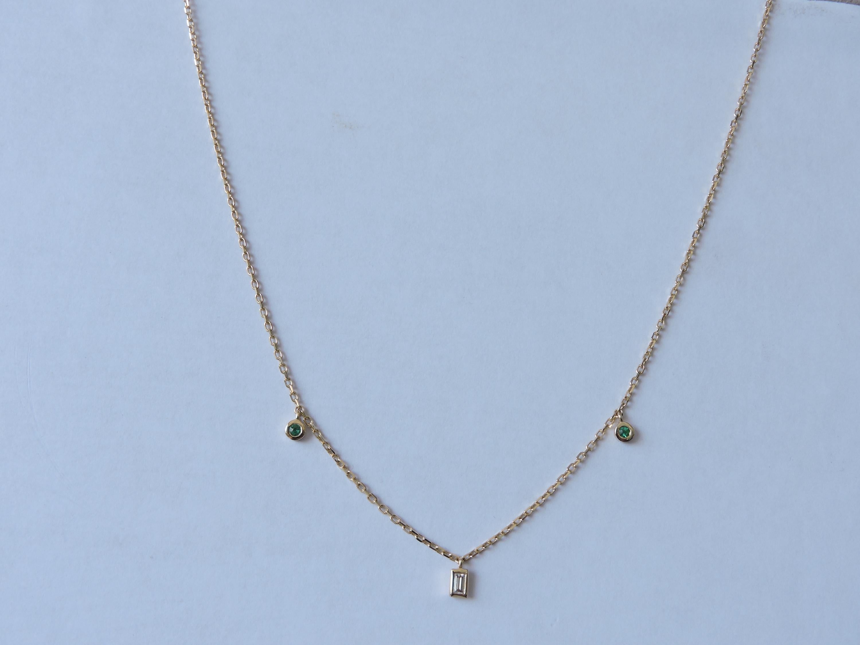 14K Gold Emerald & Baguette Diamond Necklace, 0.10 Ct Emerald, 0.10 Ct Diamond, 44 cm Chain, Minimal Fine Jewelry Gift