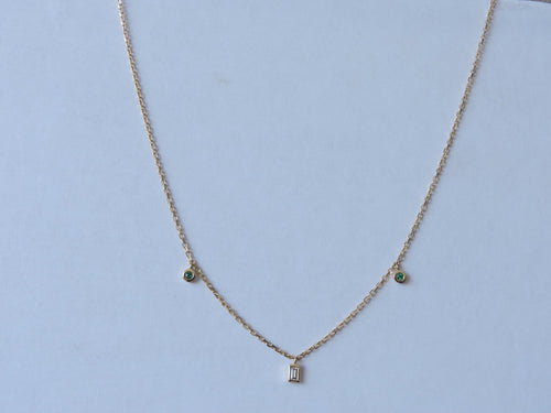 14K Gold Emerald & Baguette Diamond Necklace, 0.10 Ct Emerald, 0.10 Ct Diamond, 44 cm Chain, Minimal Fine Jewelry Gift