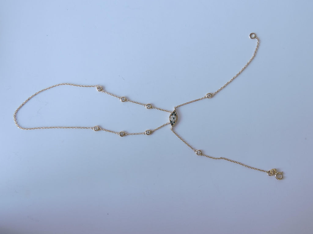 14k Gold Evil Eye Shahmeran Bracelet, Diamond Chain Bracelet, Hand Chain