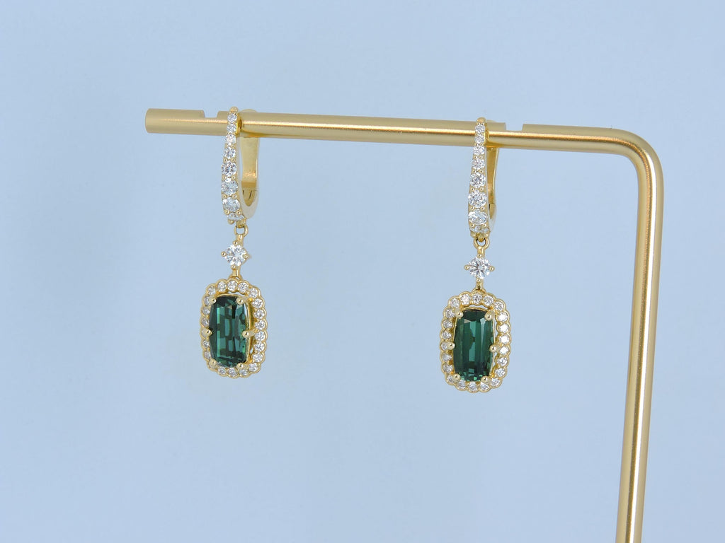 Green Tourmaline And Diamond Gold Drop Earrings : Gift for Girlfriend Mother 14k Gold earring