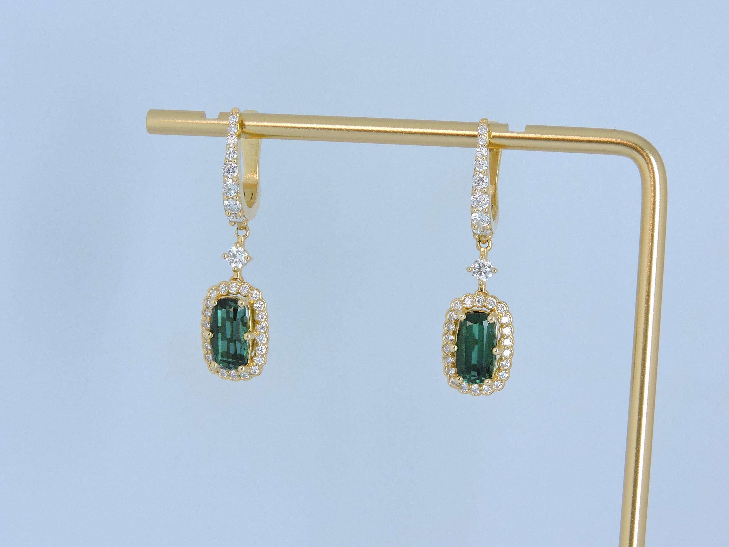 Green Tourmaline And Diamond Gold Drop Earrings : Gift for Girlfriend Mother 14k Gold earring