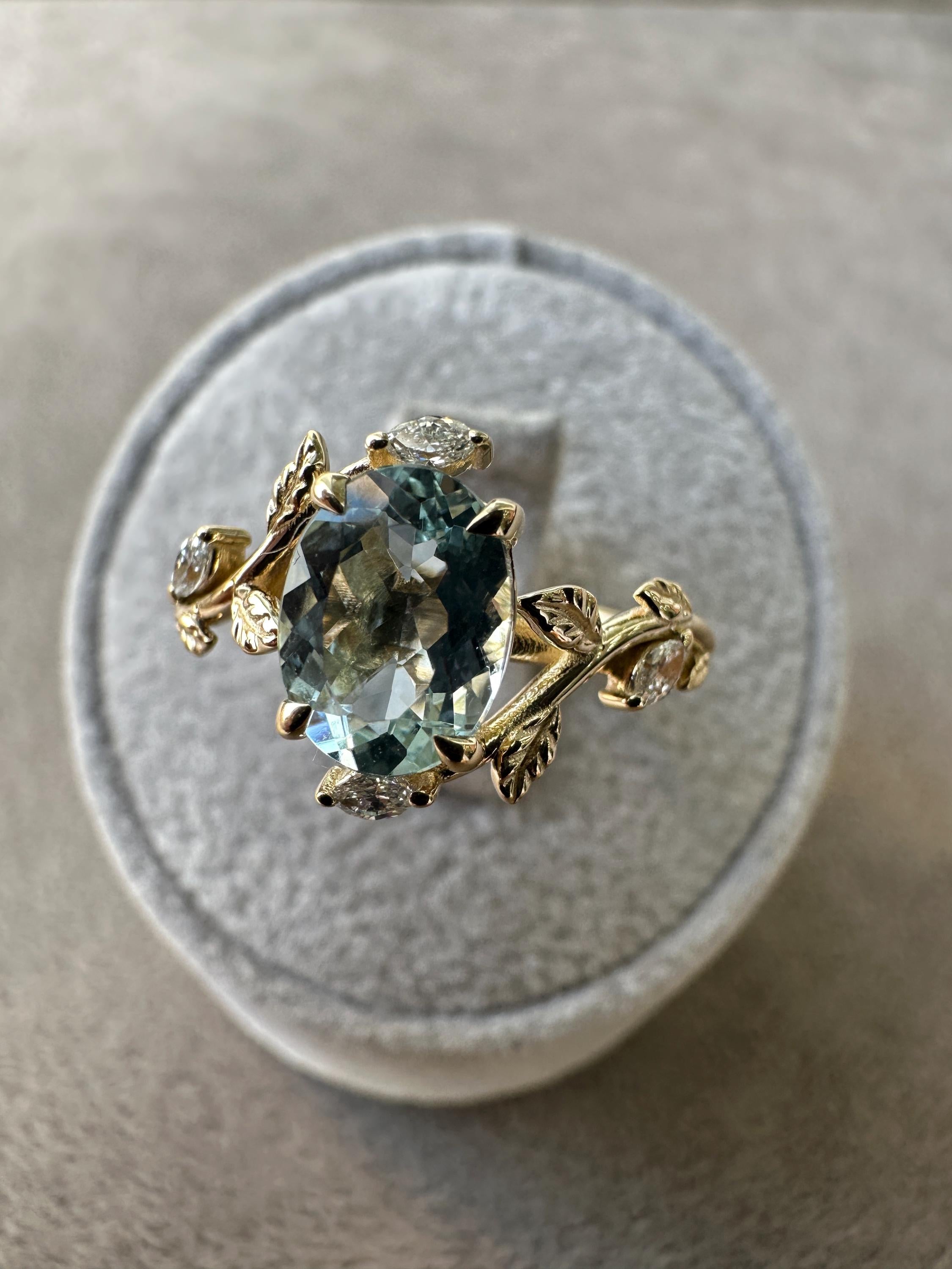 Vintage Aquamarine Engagement Ring, Diamond 14k Gold Floral Band