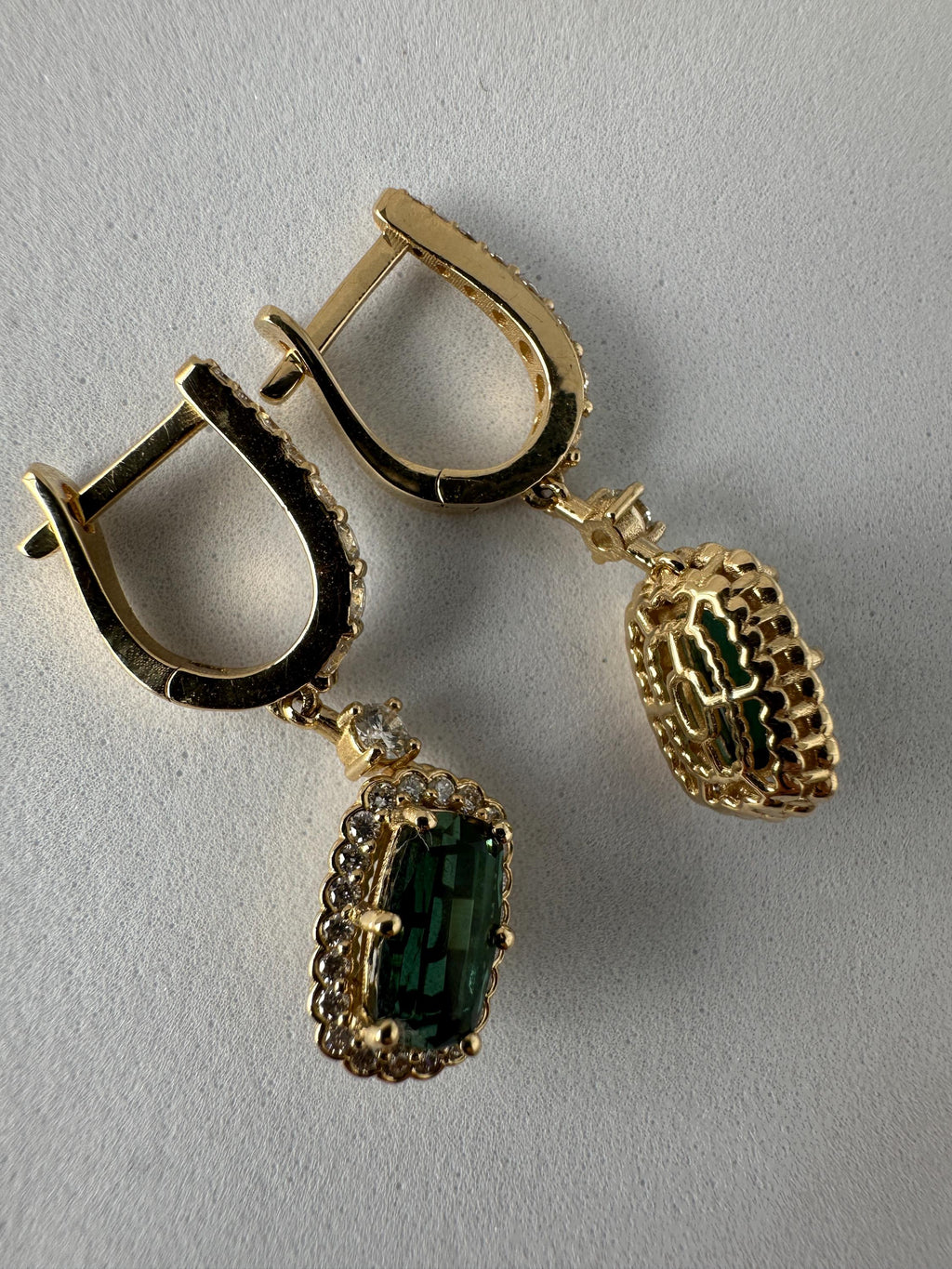 Green Tourmaline And Diamond Gold Drop Earrings : Gift for Girlfriend Mother 14k Gold earring
