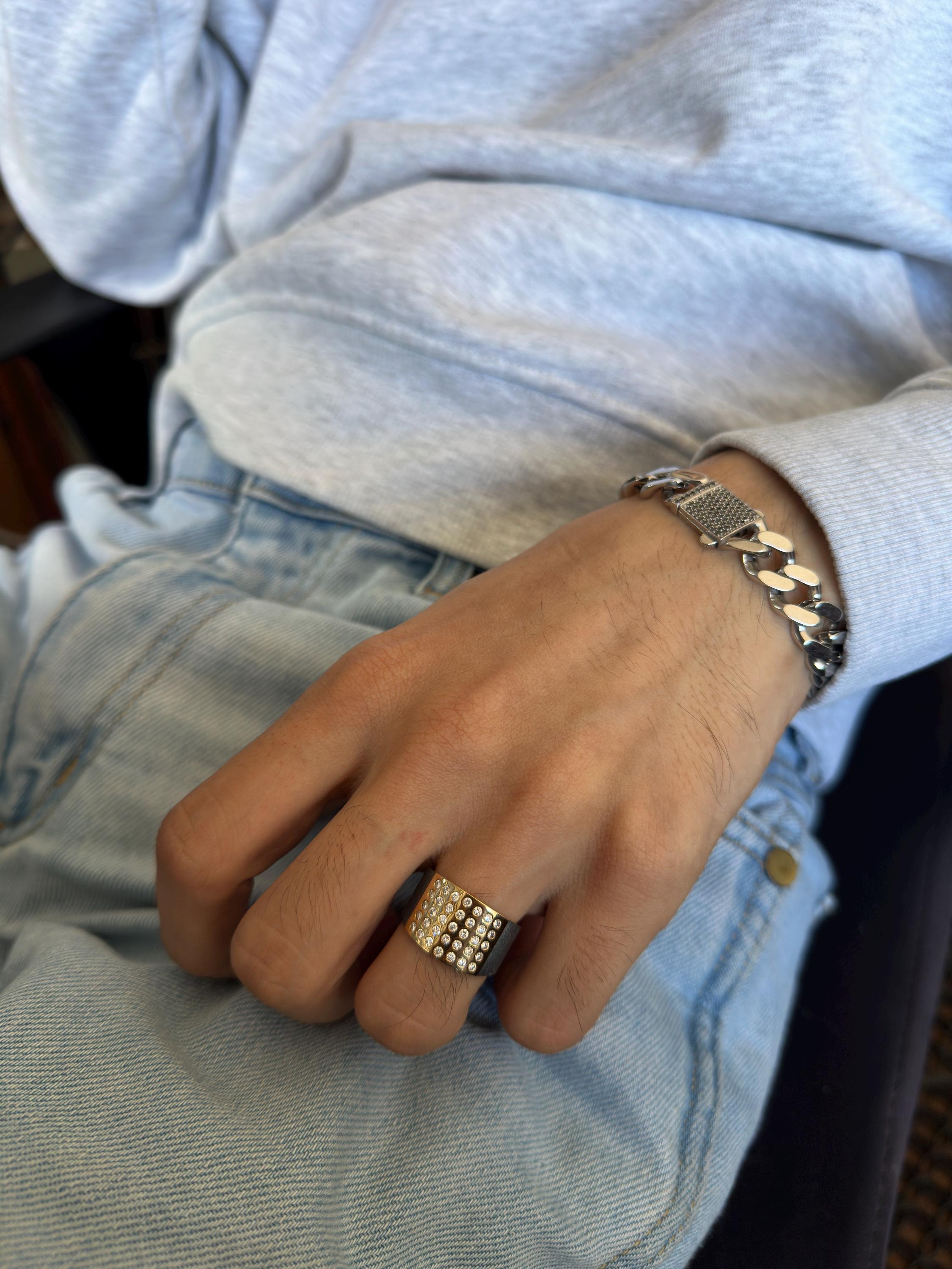 18k Gold & Sterling Silver Unisex Diamond Ring, 0.63 ct, Oxidiced Silver and 18k Gold Ring, Oxidiced Silver Ring