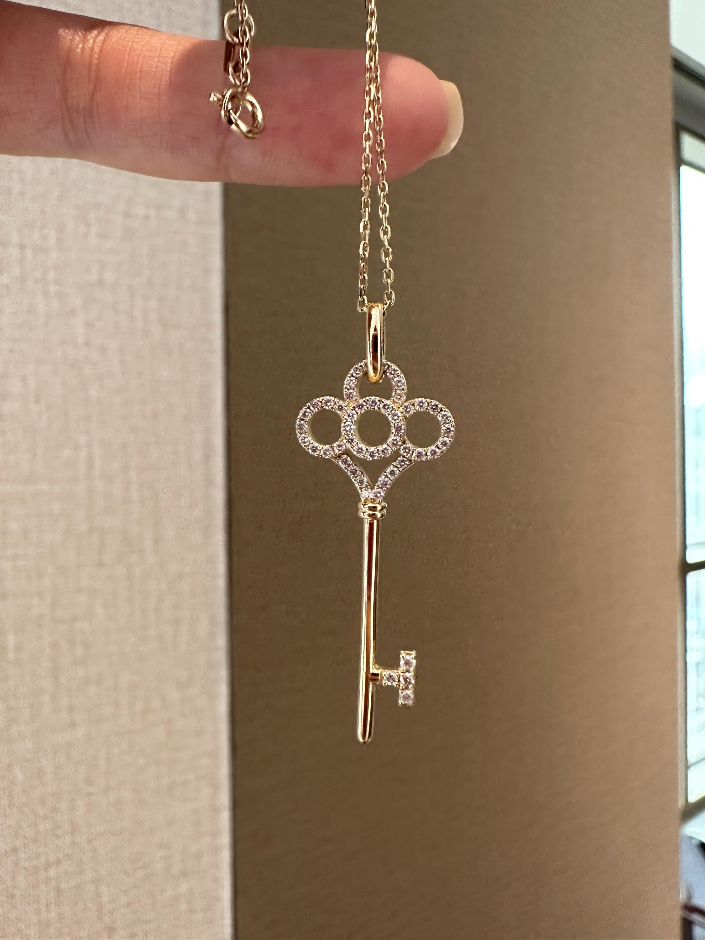 Handmade 14K Solid Gold Diamond Key Pendant Necklace