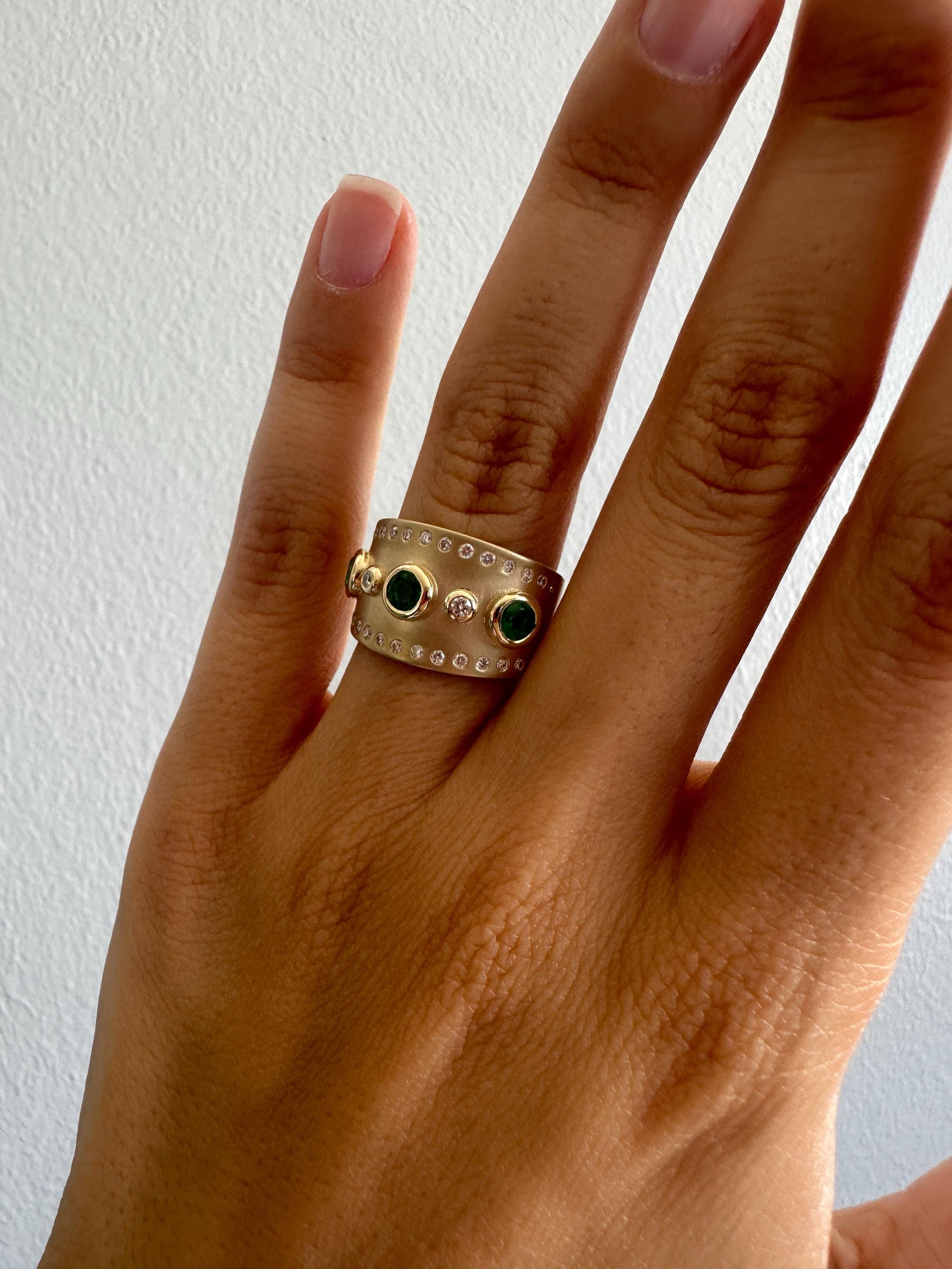 Handmade 14k Gold Band Ring, Emerald and Diamond Bezel, Wide Ring, Unisex Gold Ring, Luxury Ring