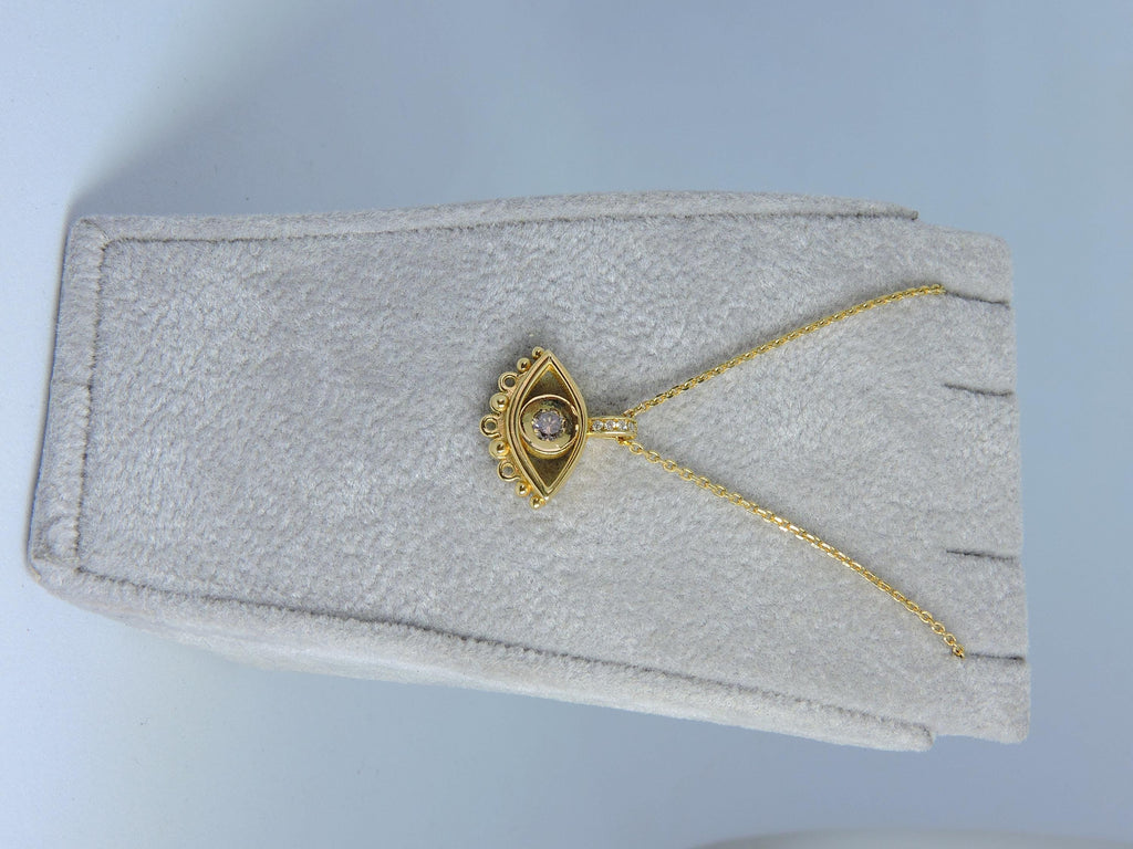 14K Gold Evil Eye Necklace: Brown Diamond Pendant, Handmade