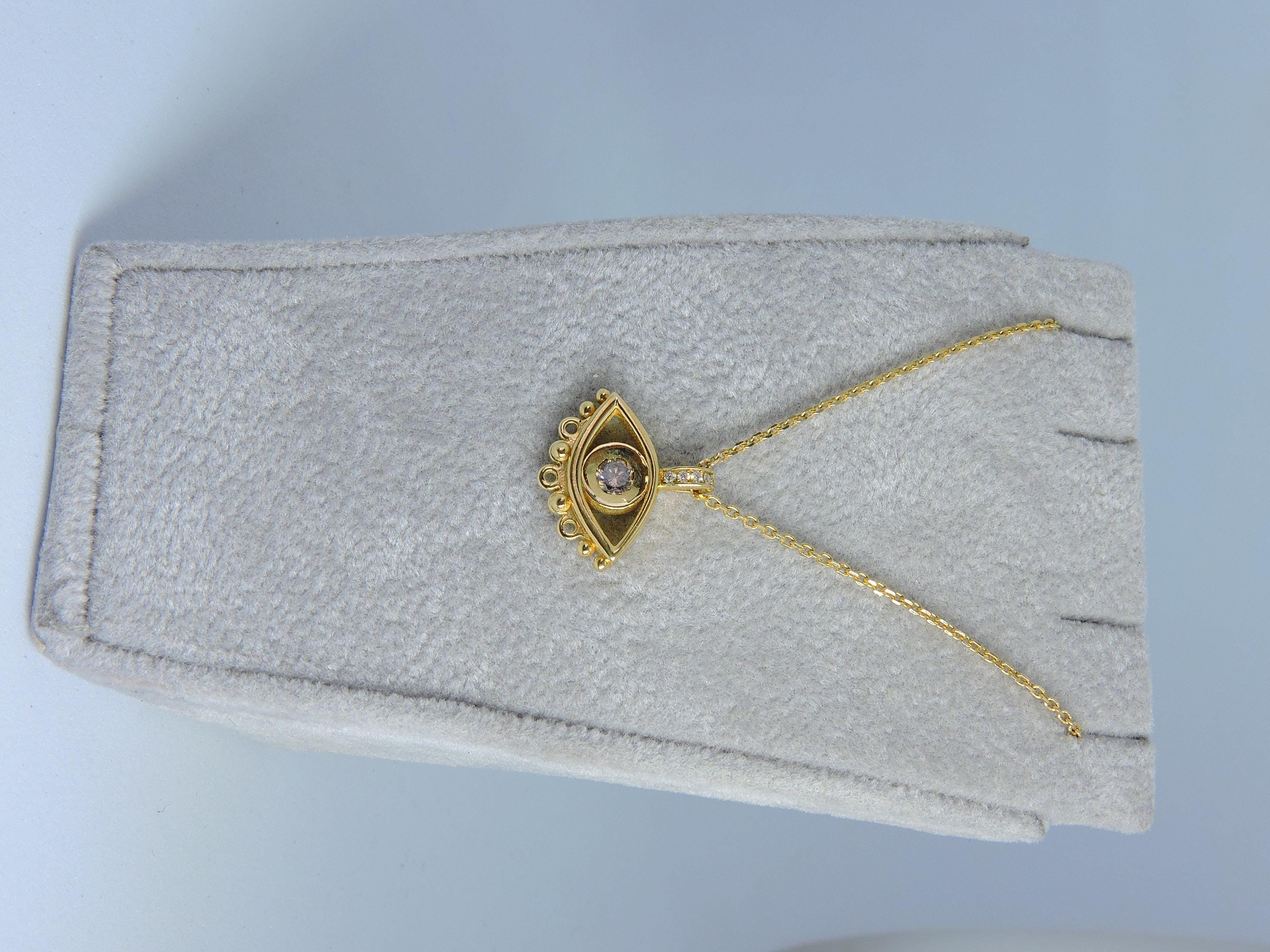 14K Gold Evil Eye Necklace: Brown Diamond Pendant, Handmade