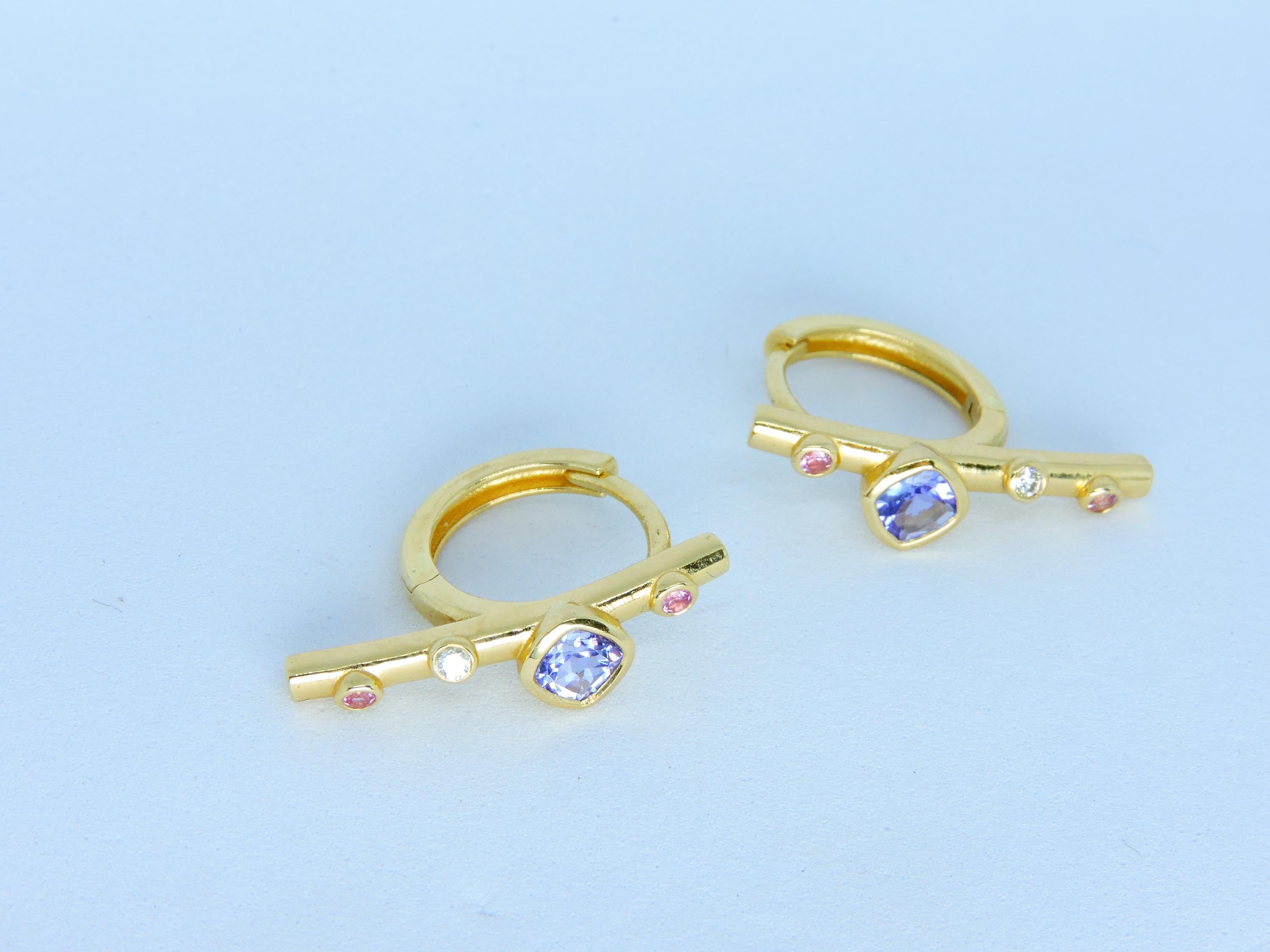 14K Solid Gold Hoop Earrings, Tanzanite Earrings, Tanzanite, Diamond and Sapphire Gold Hoop Earrings, Straith bar Hoop Earring