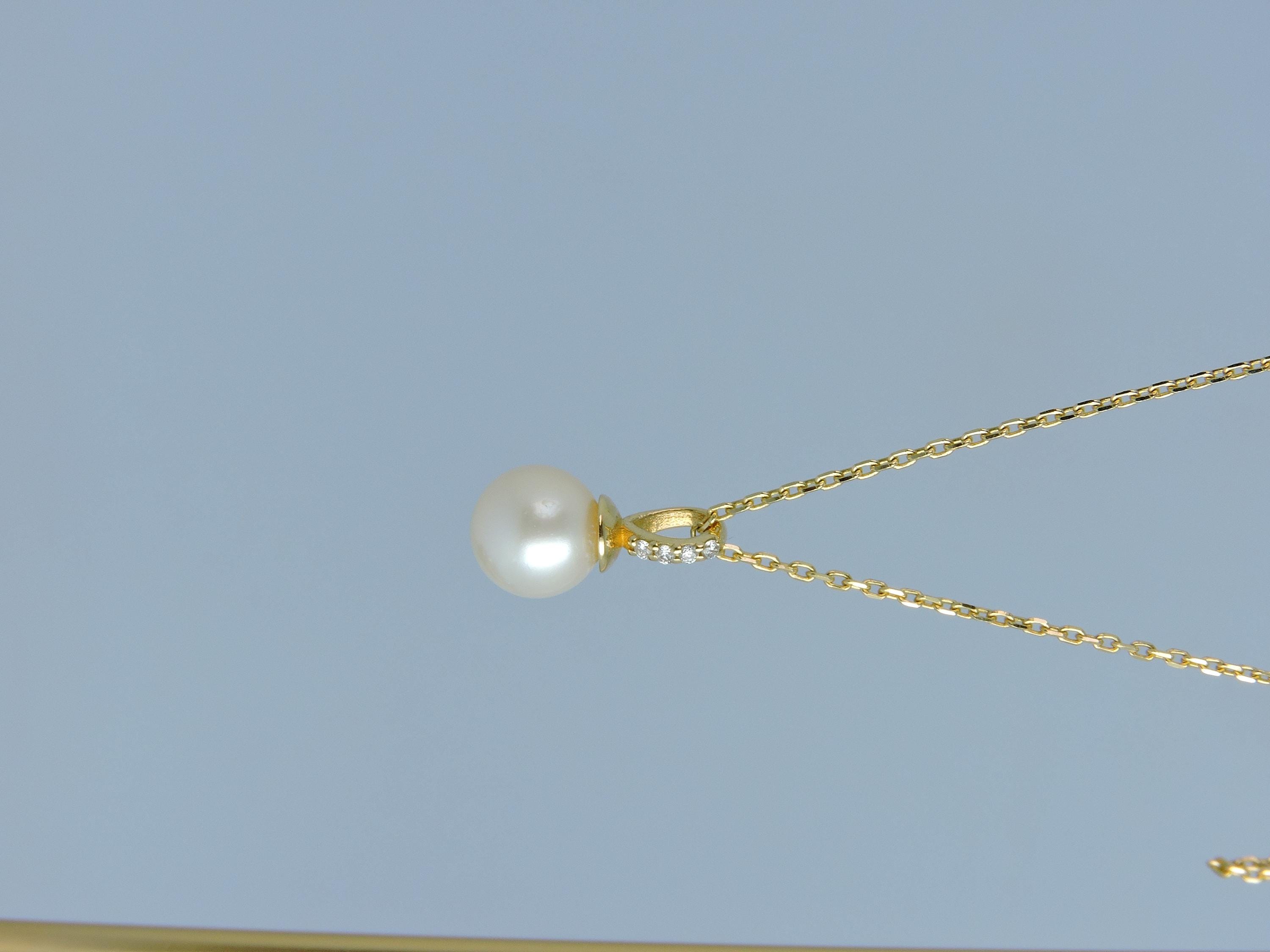 7mm Pearl Drop Diamond Necklace in Solid Gold – Minimal Pearl Pendant Necklace – Handmade Fine Jewelry