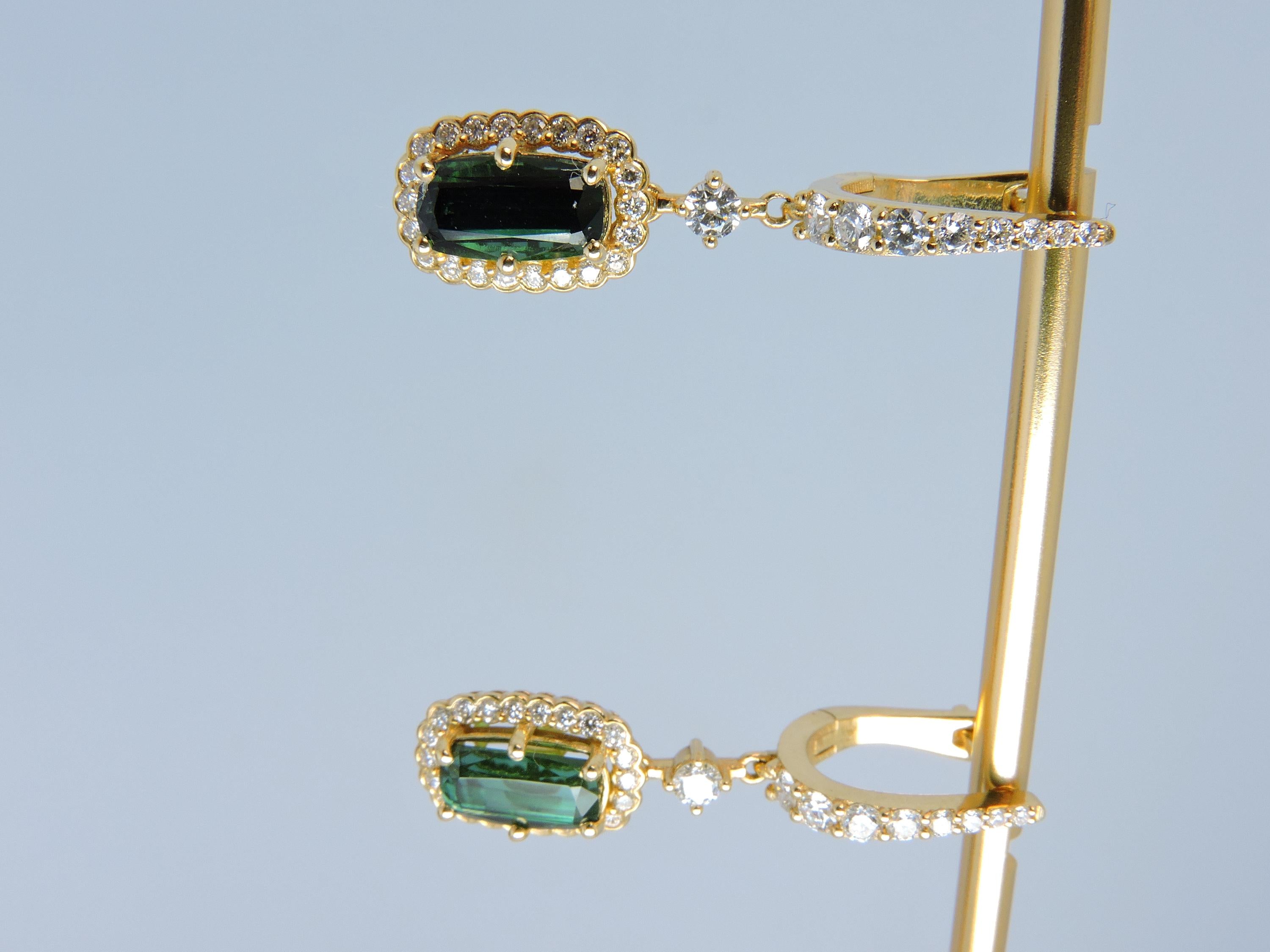 Green Tourmaline And Diamond Gold Drop Earrings : Gift for Girlfriend Mother 14k Gold earring