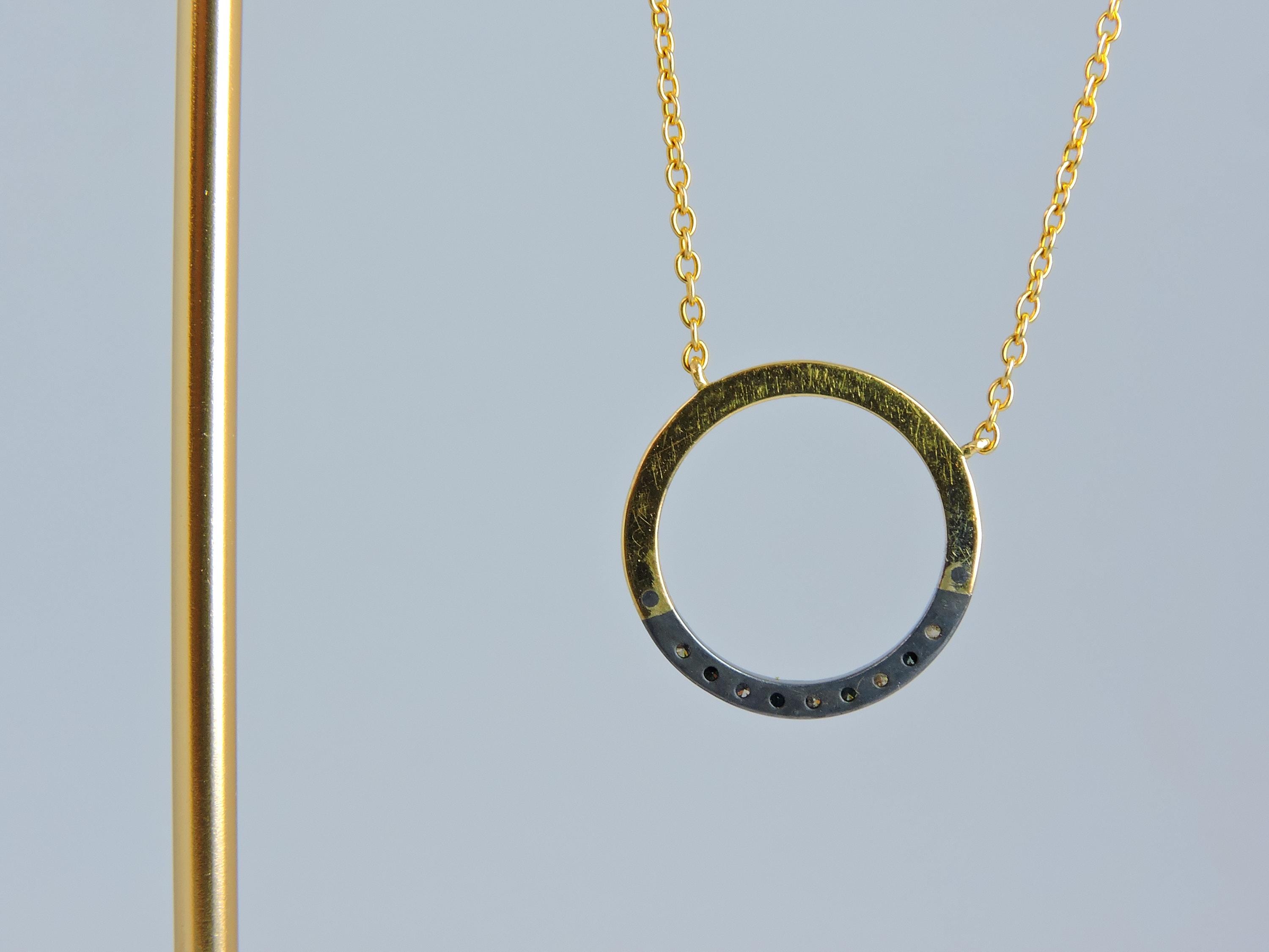 18K Gold & Oxidized Silver Circle Diamond Necklace – 0.09 Ct Colored and White Diamonds – 42 cm Chain – Handmade Fine Jewelry